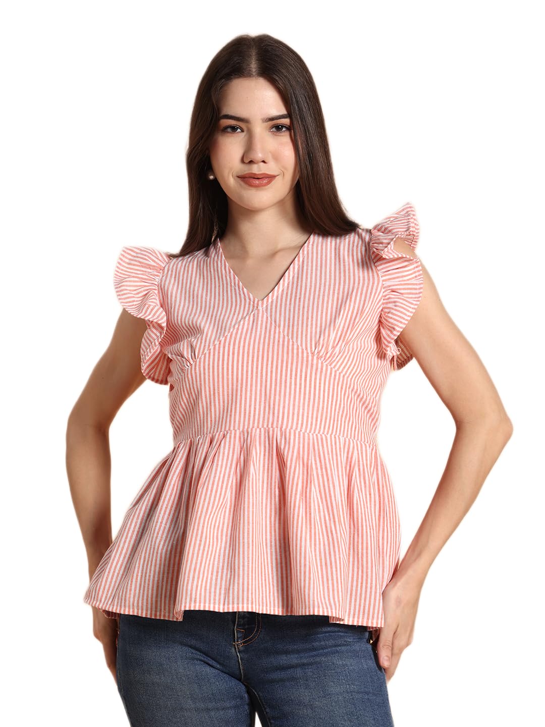 Striped Ruffles Cotton Blend Peplum Top-picture-16