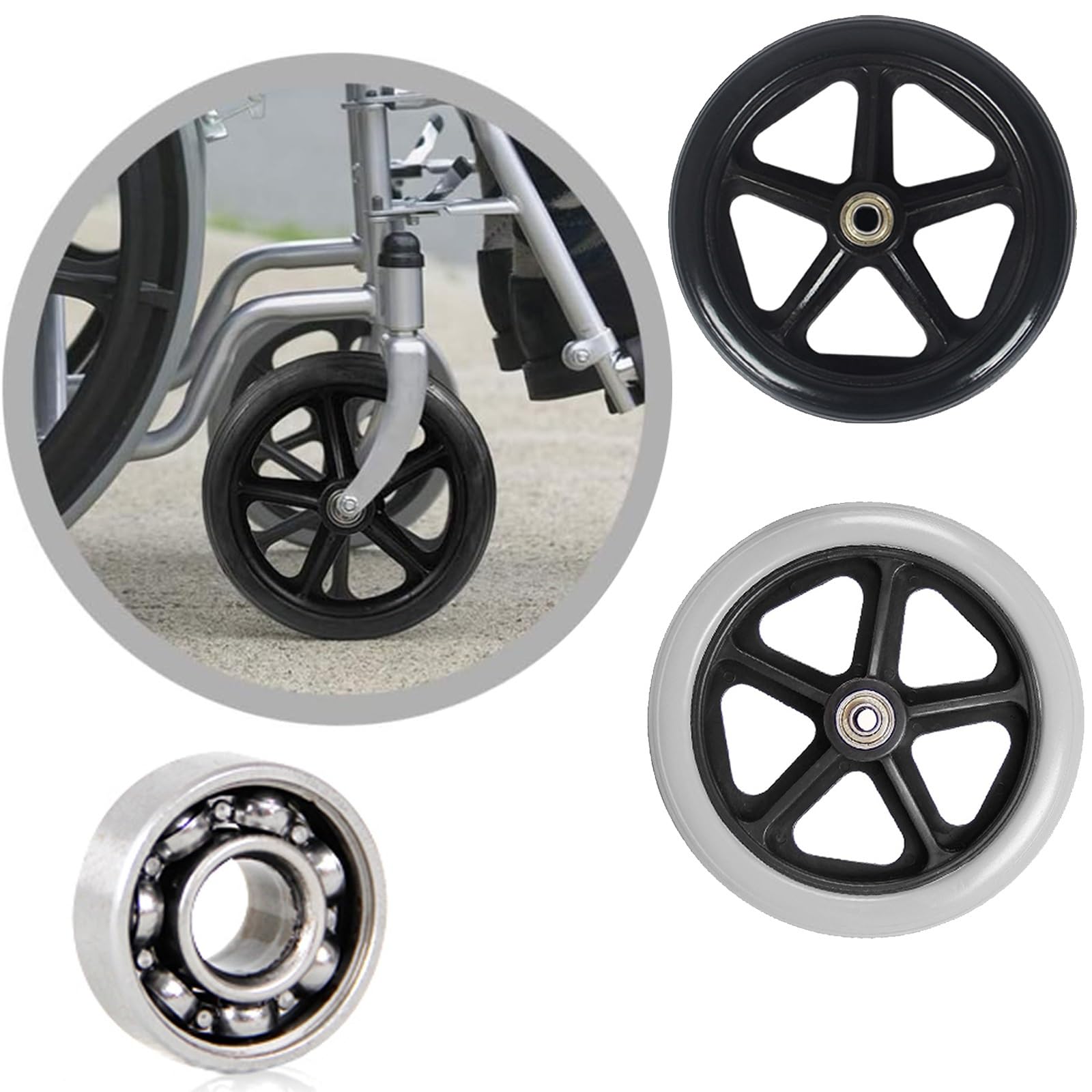 HJXGQJM Reemplazo De Ruedas Delanteras para Silla De Ruedas De 6 Pulgadas, Piezas De Repuesto para Ruedas De Silla De Paseo De Antideslizante(Noir,18-19cm/8in)