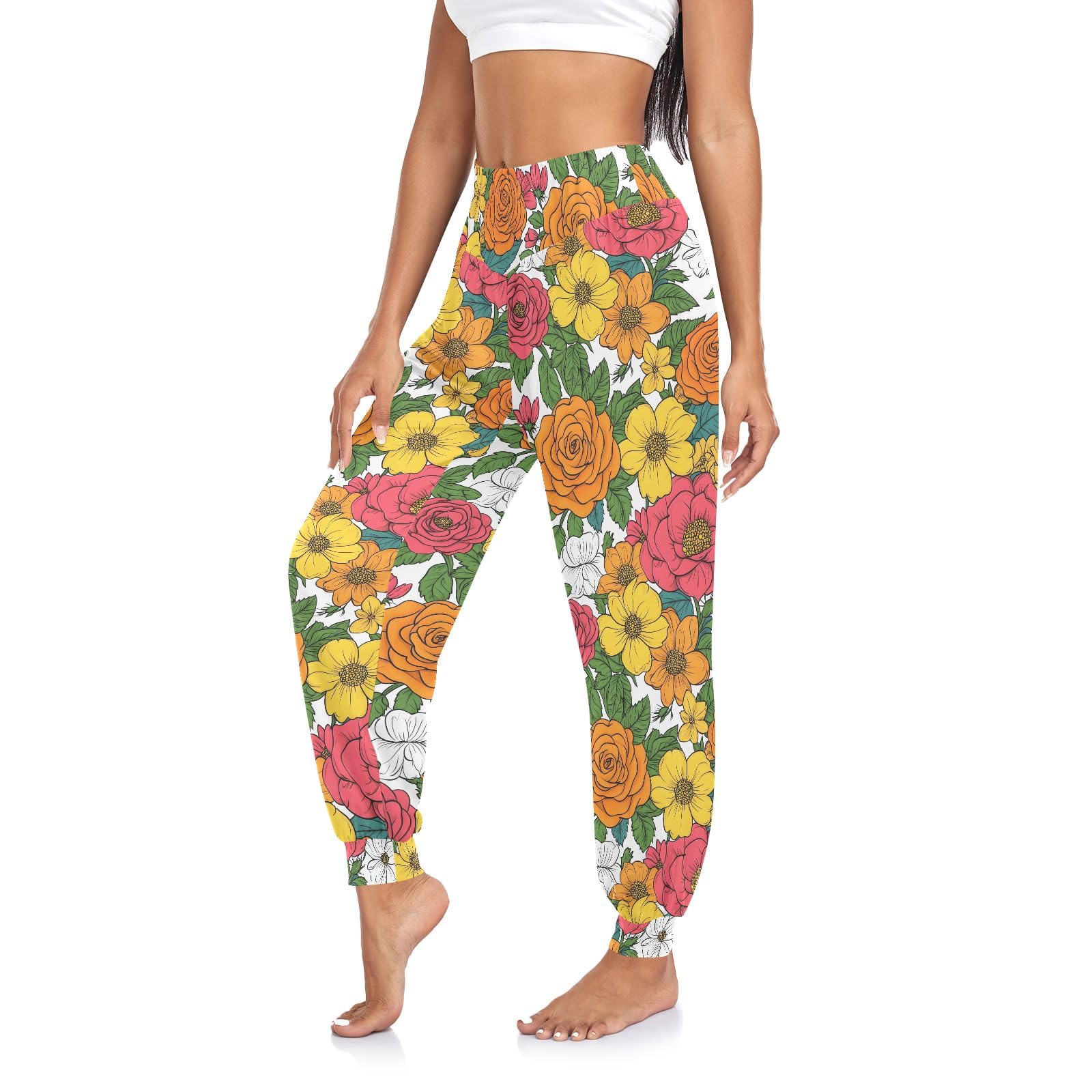 CHIFIGNO Colorful Roses Flowers Women's Sweatpants Jogger Sweat Pants High Waist Lounge Pants, M