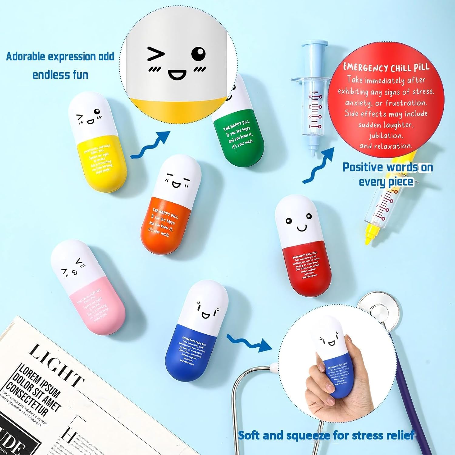 30 Pcs Pill Stress Ball Pharmacy Technician Gift for Pharmacist Nurses Doctor Pill Shaped Foam Inspirational Coworker Employee Stress Ball with Cute Cartoon Emotion Face (Emergency)
