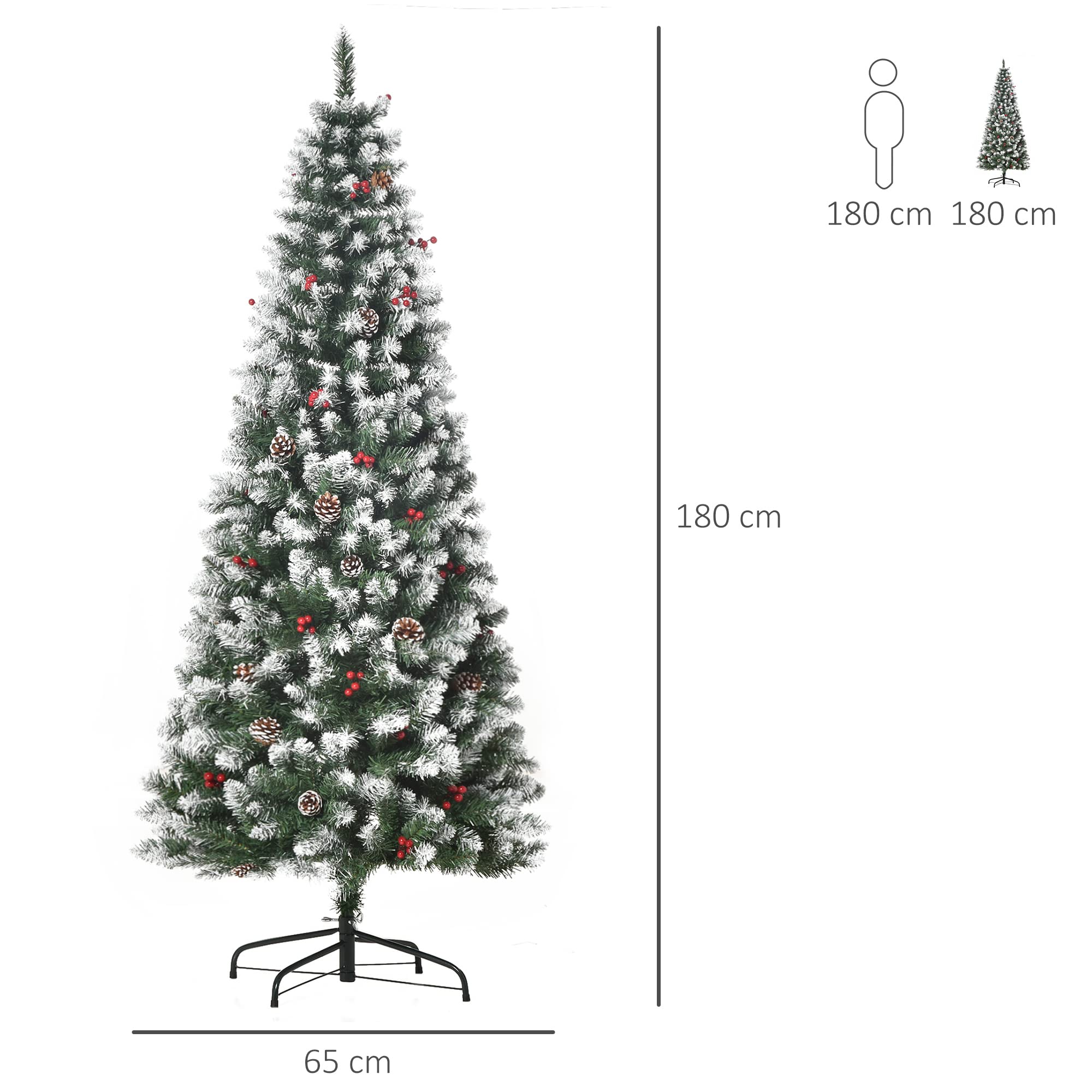 HOMCOM Árbol de Navidad Plegable 180 cm con Nieve 618 Ramas 30 Bayas 34 Piñas Hojas Apertura Automática y Soporte Metálico Decoración Navideña para Interior Verde