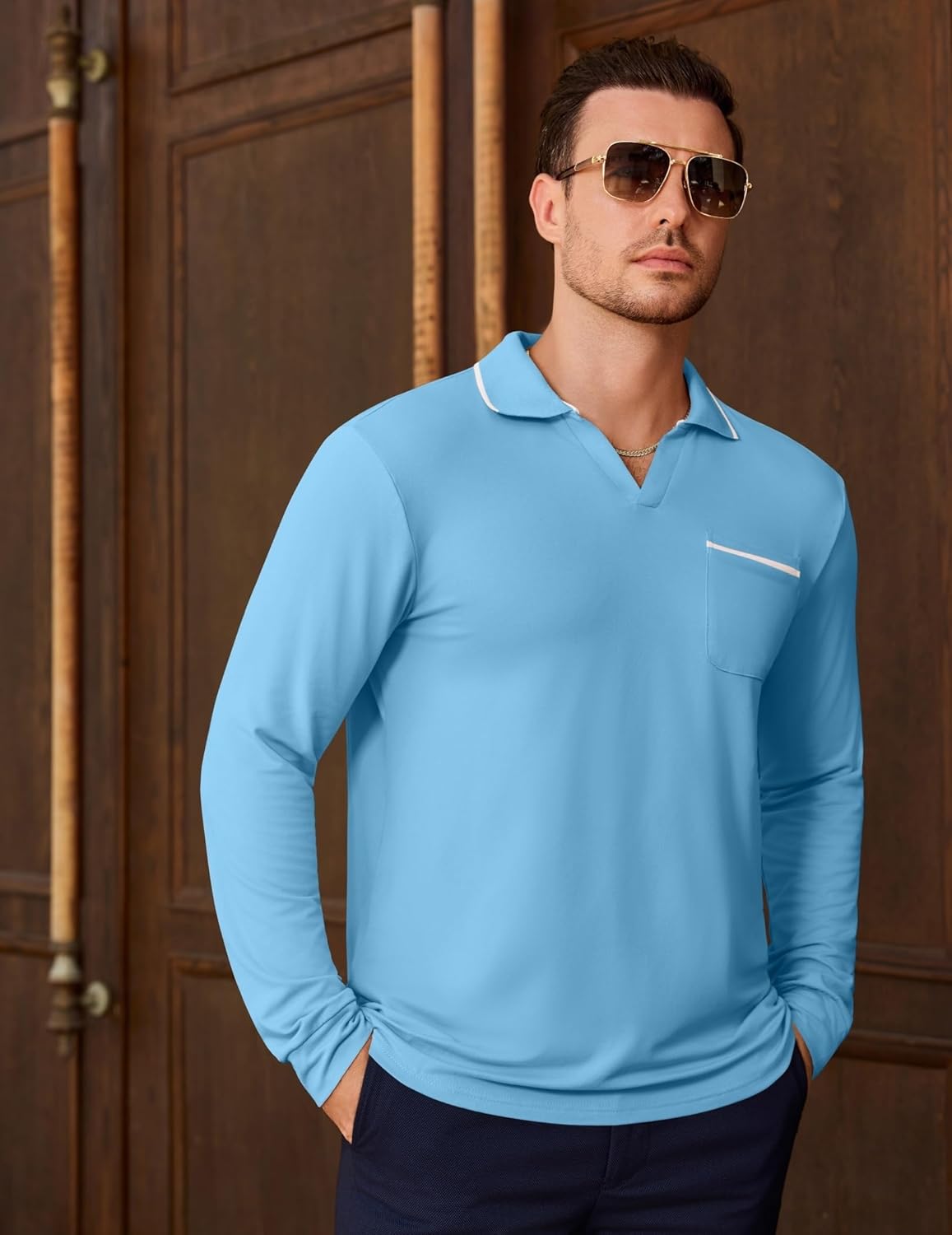 Aulemen Men's V-Neck Polo Shirts Long Sleeve Casual Collared T Shirts Fashion Golf T-Shirts with Pocket - Image 3