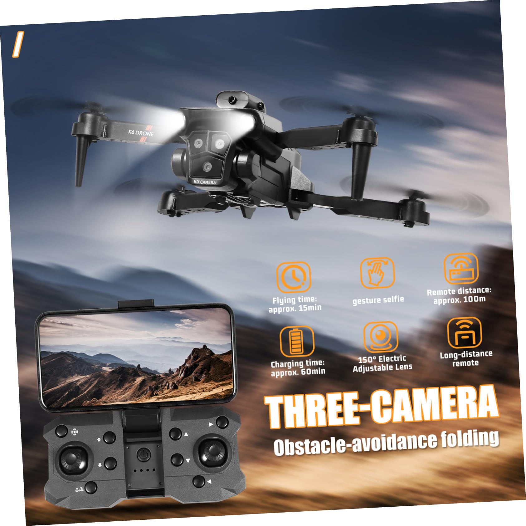 Drone Pieghevole Max con Tripla Fotocamera per Adulti Nero | 1800mah 3.7v, Lente Elettrica Regolabile 150°, Funzioni Acrobatiche e Decollo/atterraggio One-touch