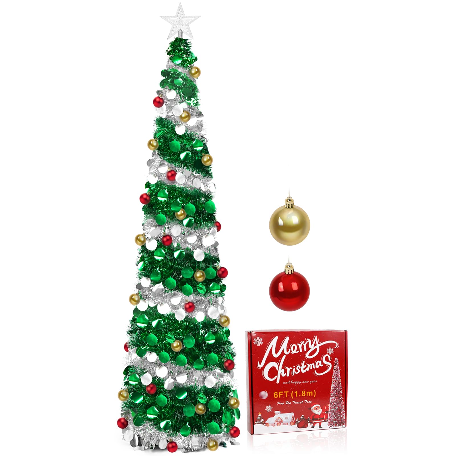 Sapin de Noël Artificiel Pliable de 180 cm | avec boules d'étoiles et support,pour décoration de Noël, vert + argent, décoration de maison, bureau