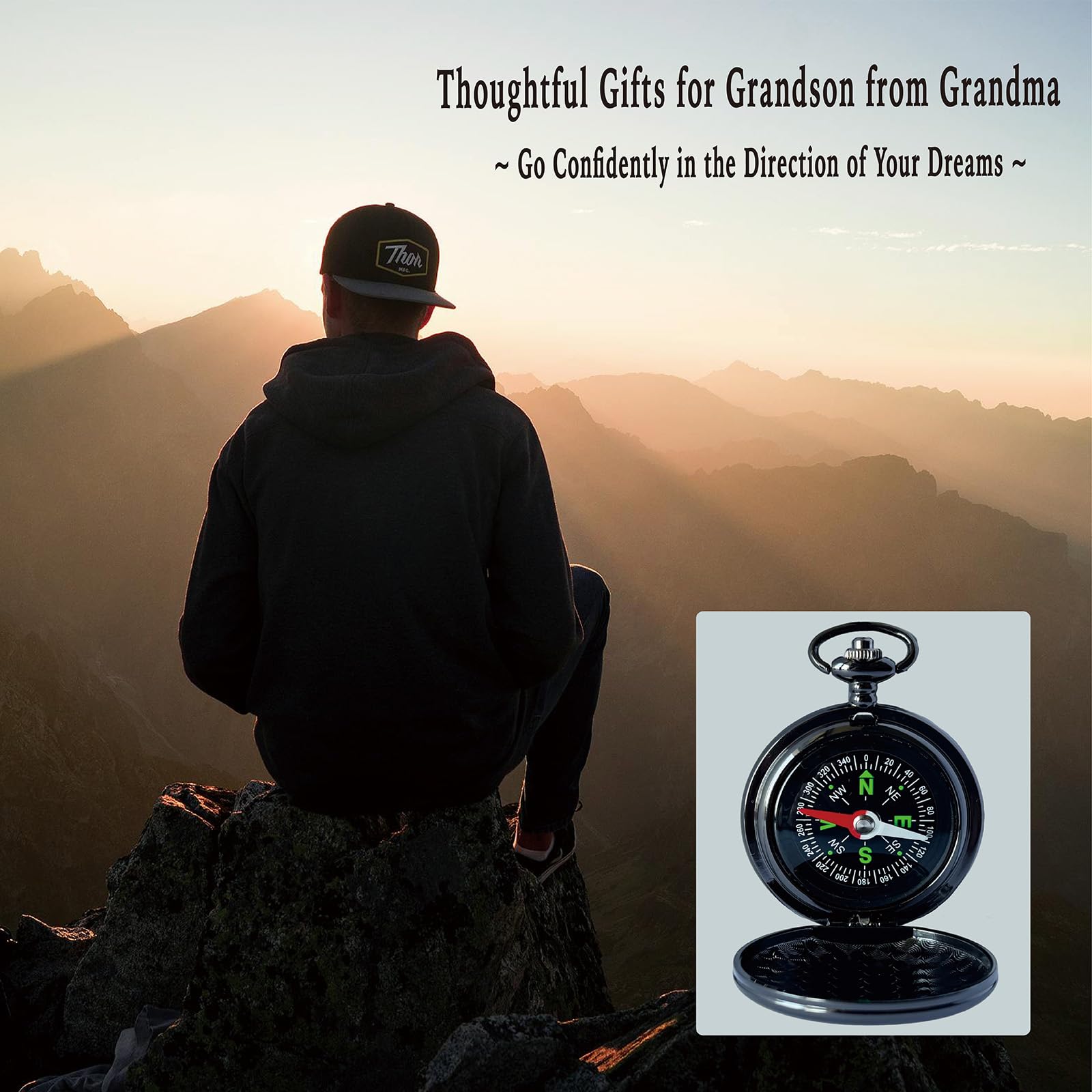 Grandson Gifts from Grandma Grandpa, Go Confidently Pocket Compass Engraved Black, to My Grandson Pocket Token, Inspirational Keepsake Gifts Ideas for Grandson Birthday Graduation Christmas