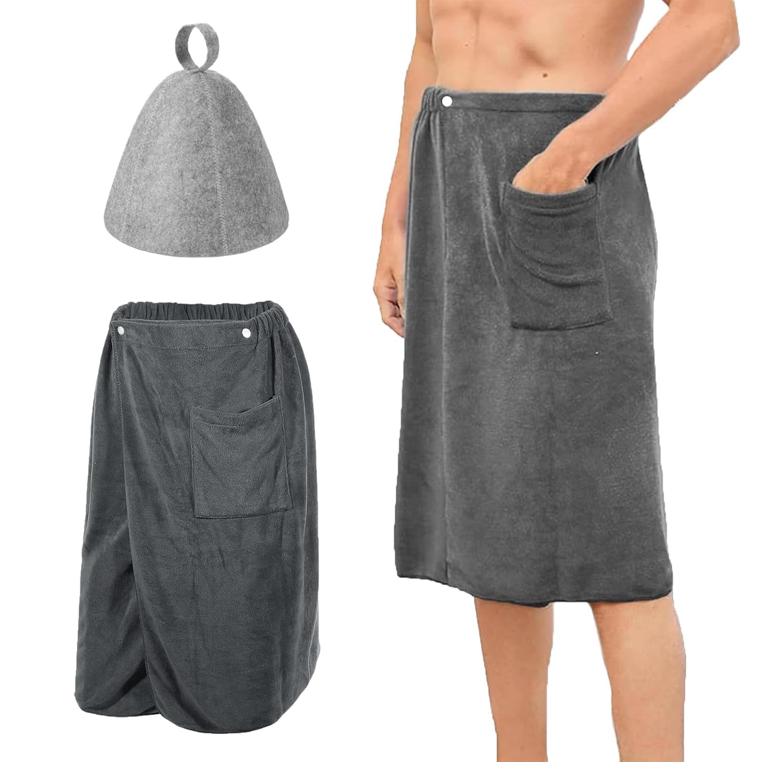 Gansdnek Bath Towel Body Wrap for Men Bring a sauna hat, Adjustable Men’s Bath Wrap Towel, Elastic Waistband and Front Pockets for Bathroom Pool Beach Spa Bathing (Gray)