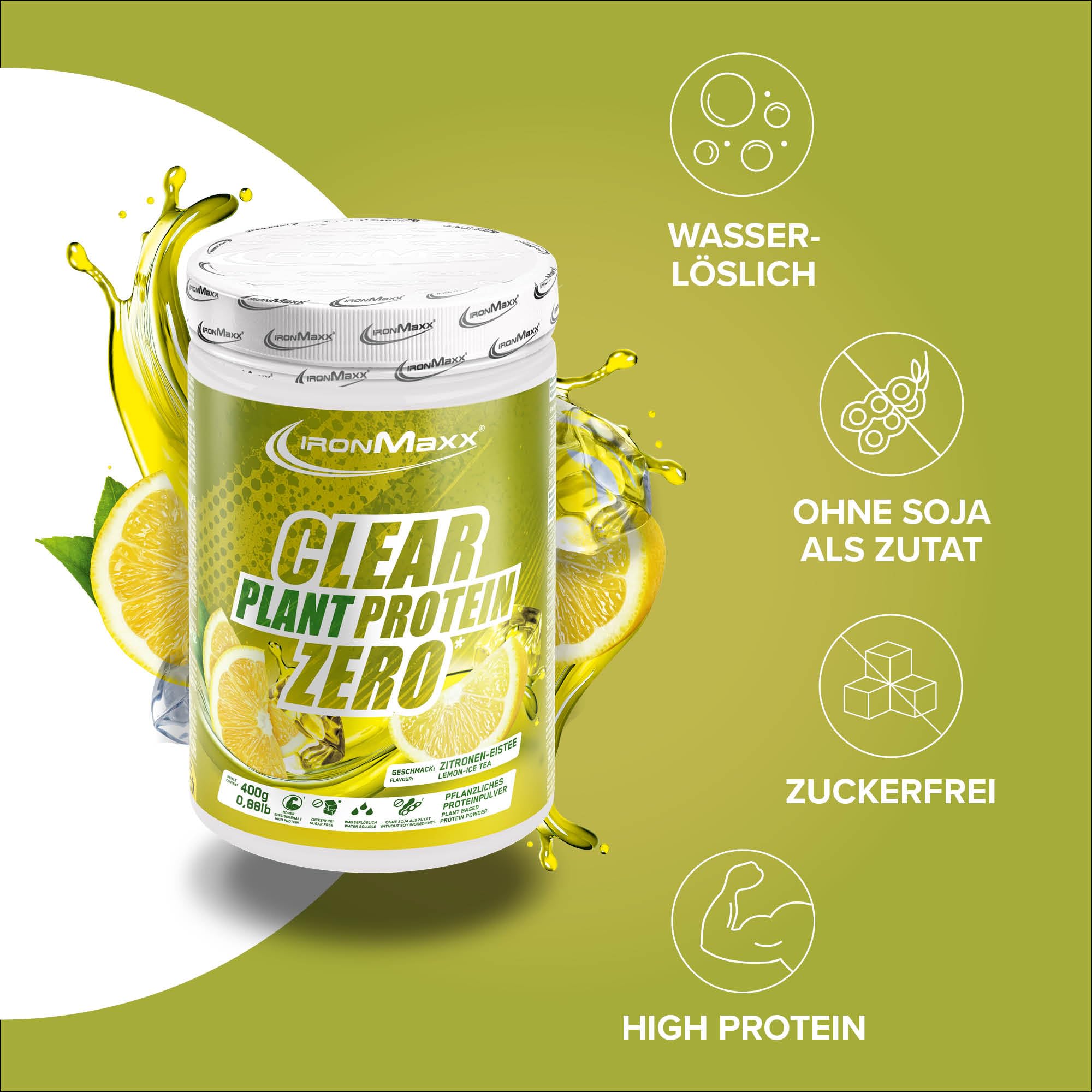 IronMaxx Clear Plant Protein Zero – Lemon Ice Tea 400g Boîte | Protéines véganes sans sucre à base de pois | Boisson sportive claire et sans soja