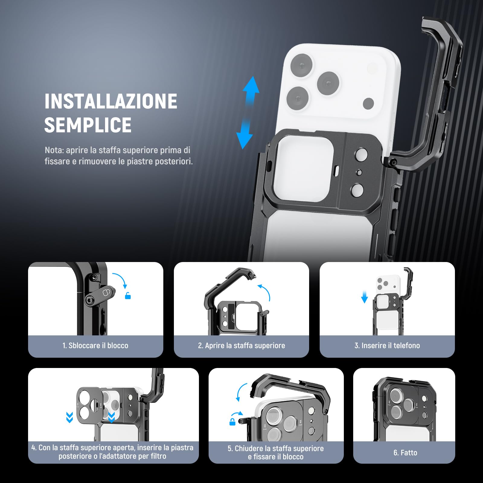 NEEWER Phone Cage Compatibile con iPhone 17 Pro, Accessorio Stabilizzatore Video Rig con Anello Filtro da 67mm, Backplate Lenti da 17mm, Adattatore T Mount, 4 Tappi di Controllo, PA143 (Nero)
