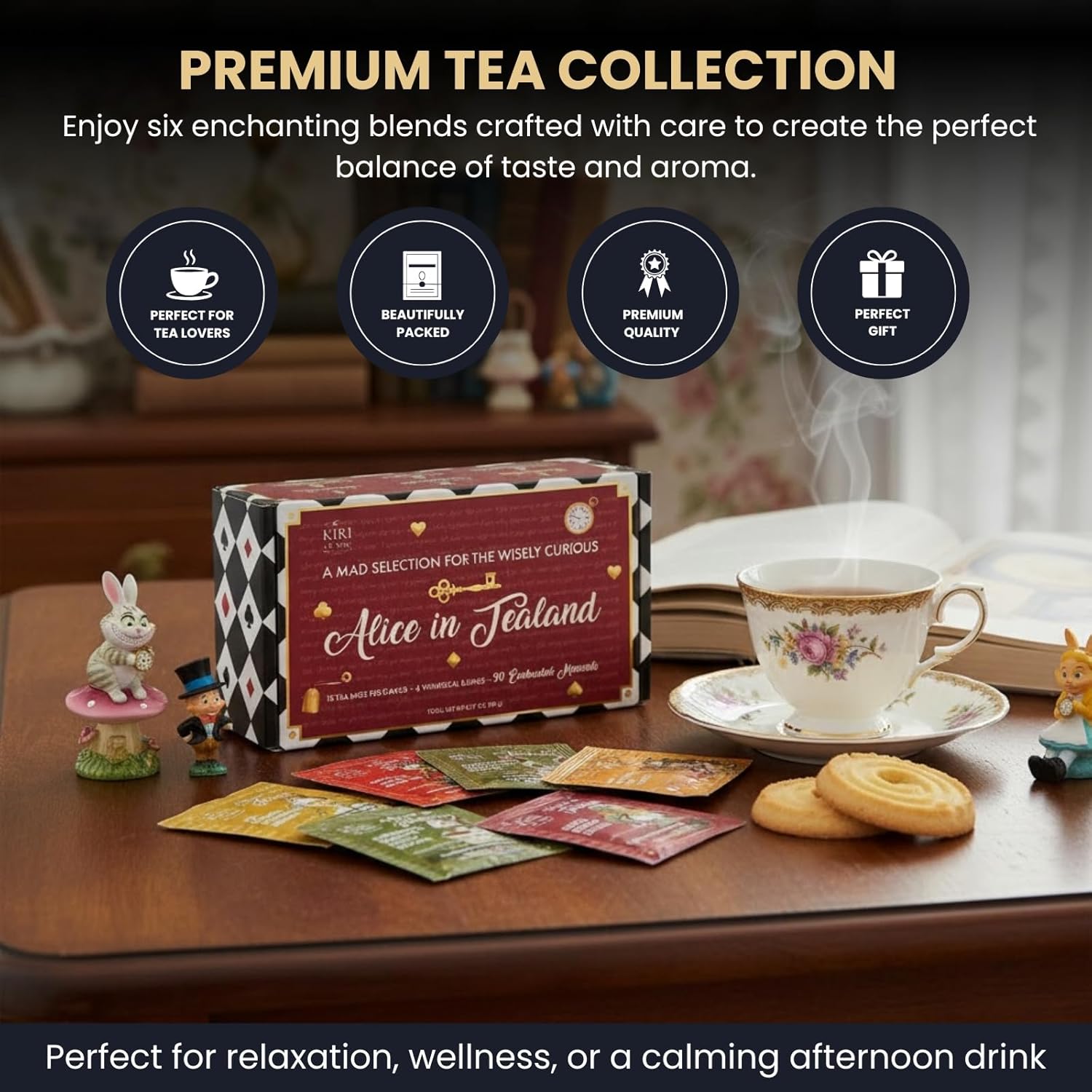 Alice’s Adventures in Wonderland Tea Gift Set – 90 Count Literary Tea Bags Variety Pack with Book Quotes and Illustrations | Alice in Tealand Collection | 6 Whimsical Inspired Flavors Teas Gift Set