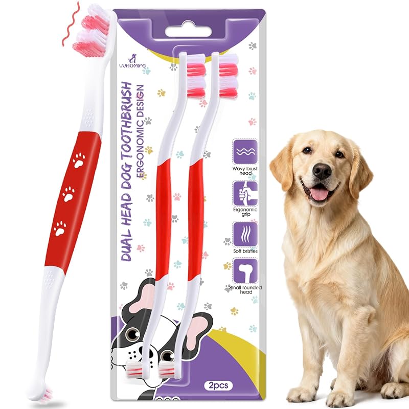 Escova de Dentes para Cães com Cabeça Dupla e Cabo Ergonômico VVHOMIFE, Red Red, Pacote com 2