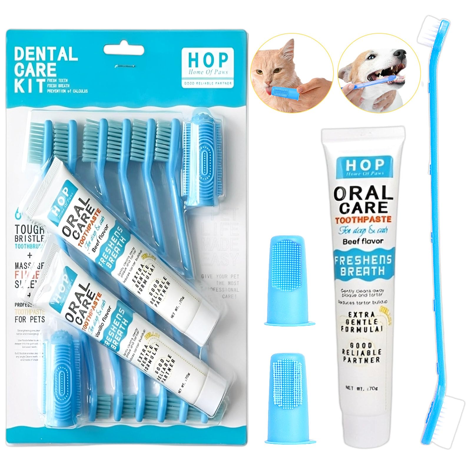 Toothpaste Set for Dogs, 2 x 70 g Dog Toothpaste, Dog Toothbrush, Finger Toothbrush, for Dental Cleaning Dogs and Cats, Reduce Pigmentation, Fresh Breath