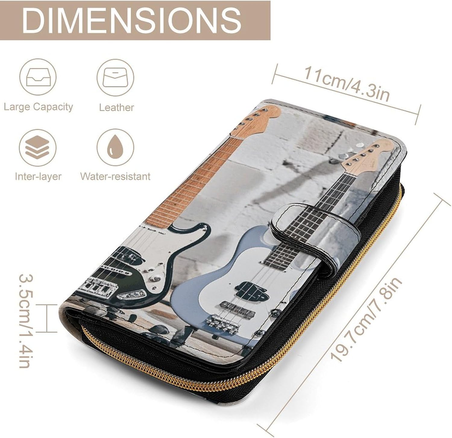 Guitar Bass Music Musical Instruments Leather Wallet with Zipper, Bifold Stylish Wallets with Multiple Card Slots Leather Money Clip Mini Purse for Men Women image 2