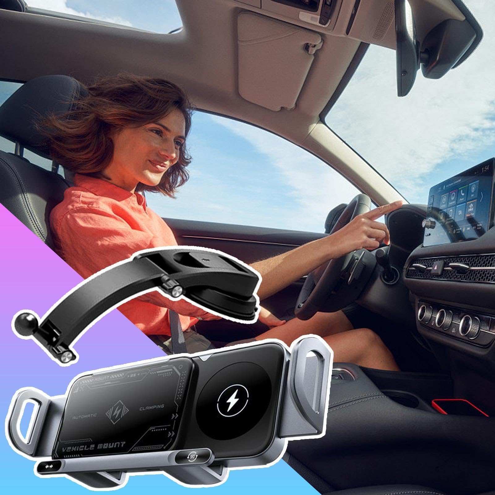 Generico Caricatore Wireless per Auto Supporto Telefono per Veicoli | Caricabatterie Rapido Doppia Bobina 15W per Smartphone Dashboard Auto Furgone Camper