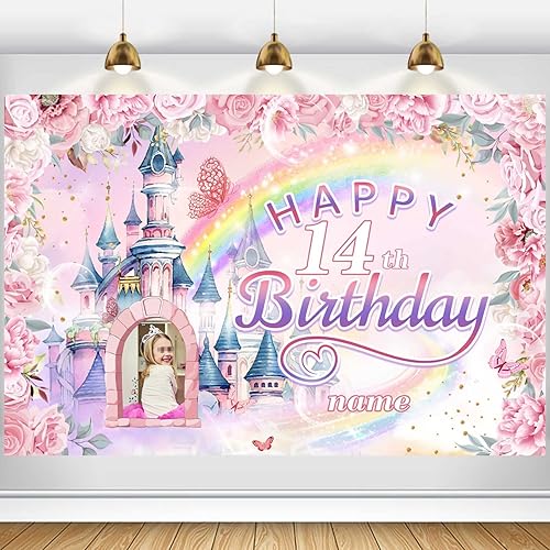 Miniatura 8 de Cartel decorativo de feliz cumpleaños número 14, azul marino, personalizado con fotos y nombres