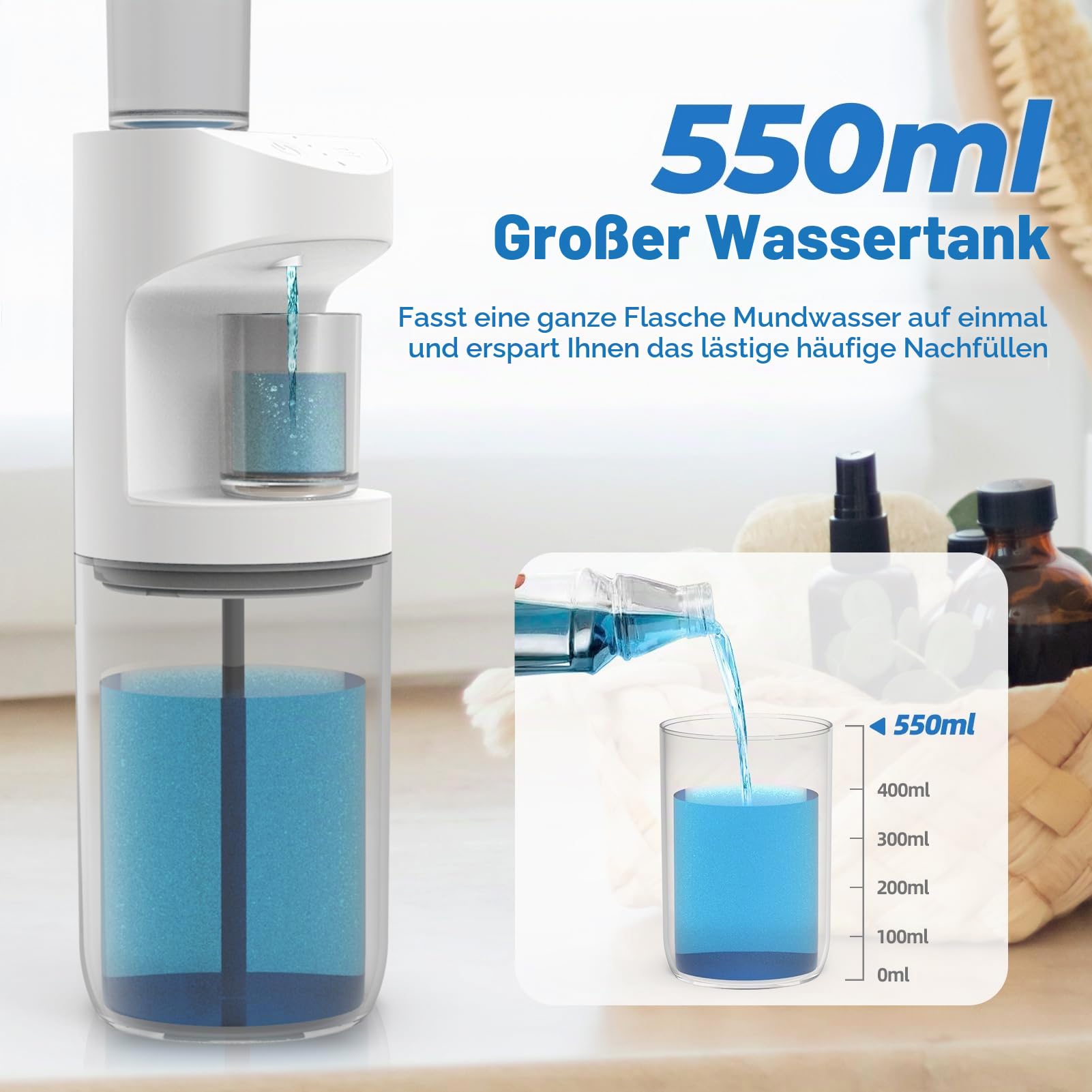 Automatischer Mundspülspender, 550 ml (548.6 g) Mundspülspender für Badezimmer mit magnetischen Bechern, 3 Dosierstufen, lange Standby-Zeit, Weiß