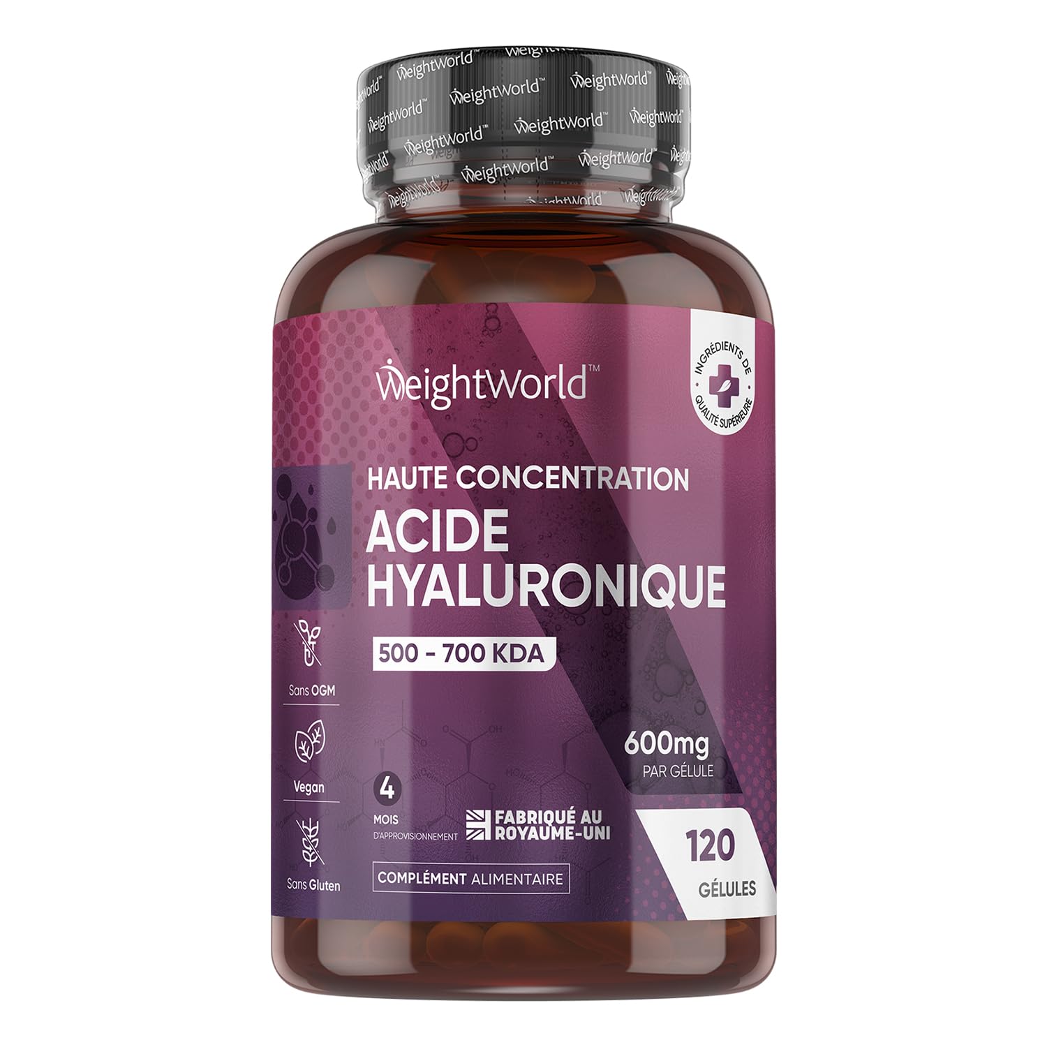 Weightworld Acide Hyaluronique En Gélules Par Portion, 120 Gélules Vegan (4 Mois) - Pur Avec 500-700 Kda - Sous Forme Dhyaluronate De Sodium - Dosage Élevé Pour Votre Routine Beauté 600Mg