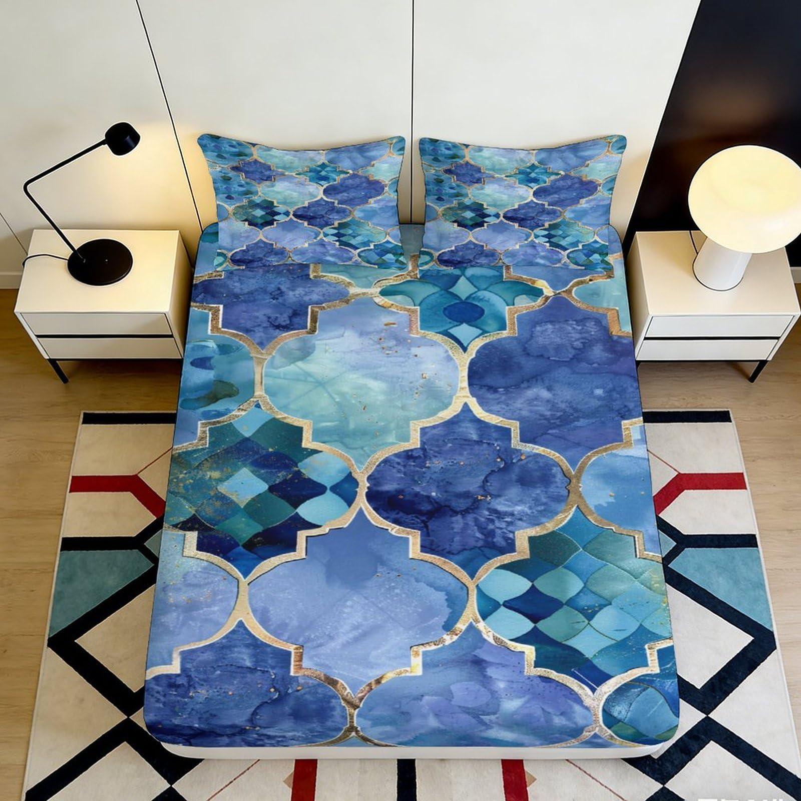 3D Printed Blue Mosaic Fitted Sheet Microfiber Soft Breathable Abstract Geometry Mattress Cover for Bedroom Guest Room Home Decor 90x200x25cm
