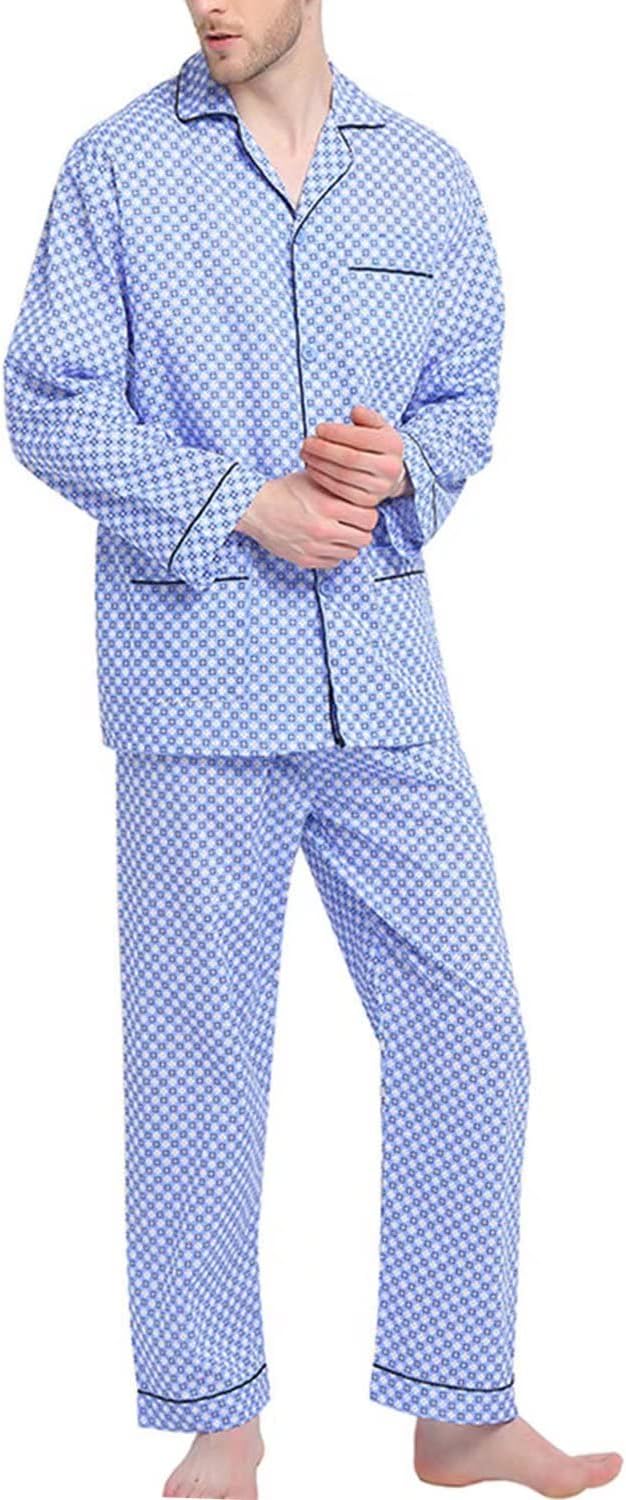 GLOBAL Men 100% Cotton Pajamas Set Button Down Pjs Long Sleeve Pajamas for Men Soft Comfy Sleepwear