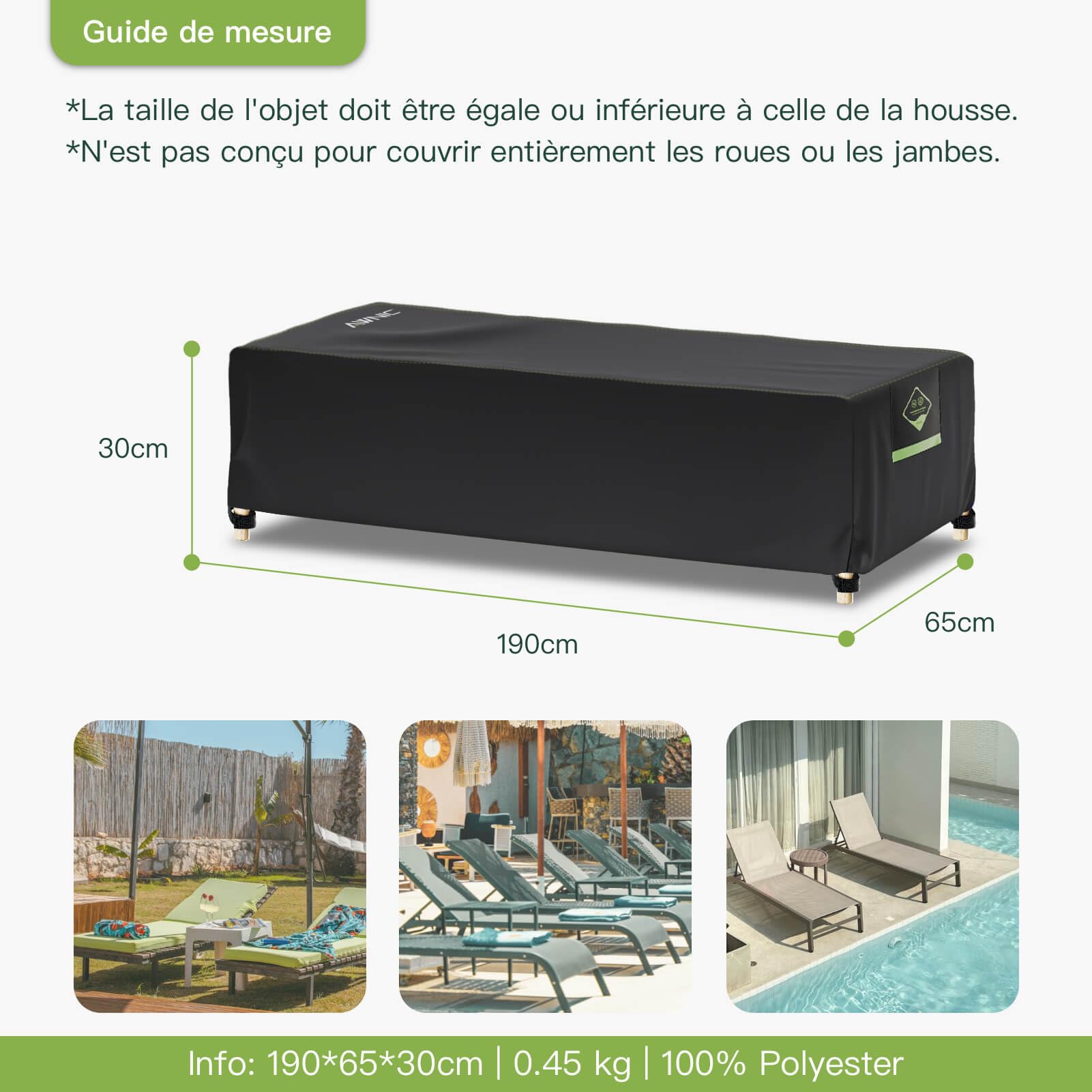Awnic Housse pour transat de jardin - Étanche, protection pour chaise longue - Résistante à l'hiver - Housse de protection pour chaise longue, bâche de protection pour meubles de jardin 190x65x30cm