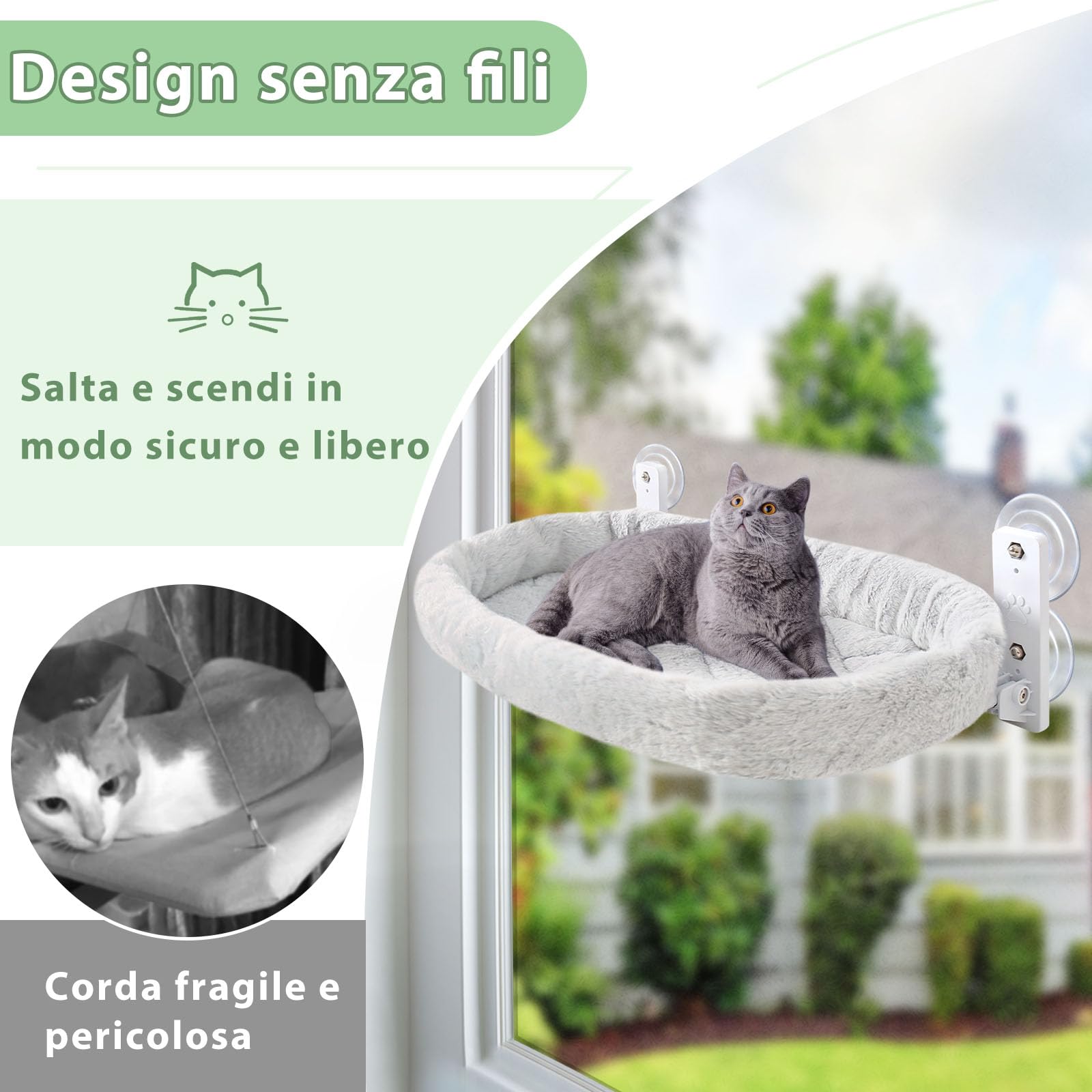GUUSII HOME Amaca Gatto Finestra Cucce per Gatti Cuccia Morbida Letto Mensole da Interno Trespolo Sdraio per Gattini Robusto Facile da Montare Caldo Tappetino Reversibile 53 * 30cm (Grigio, M)