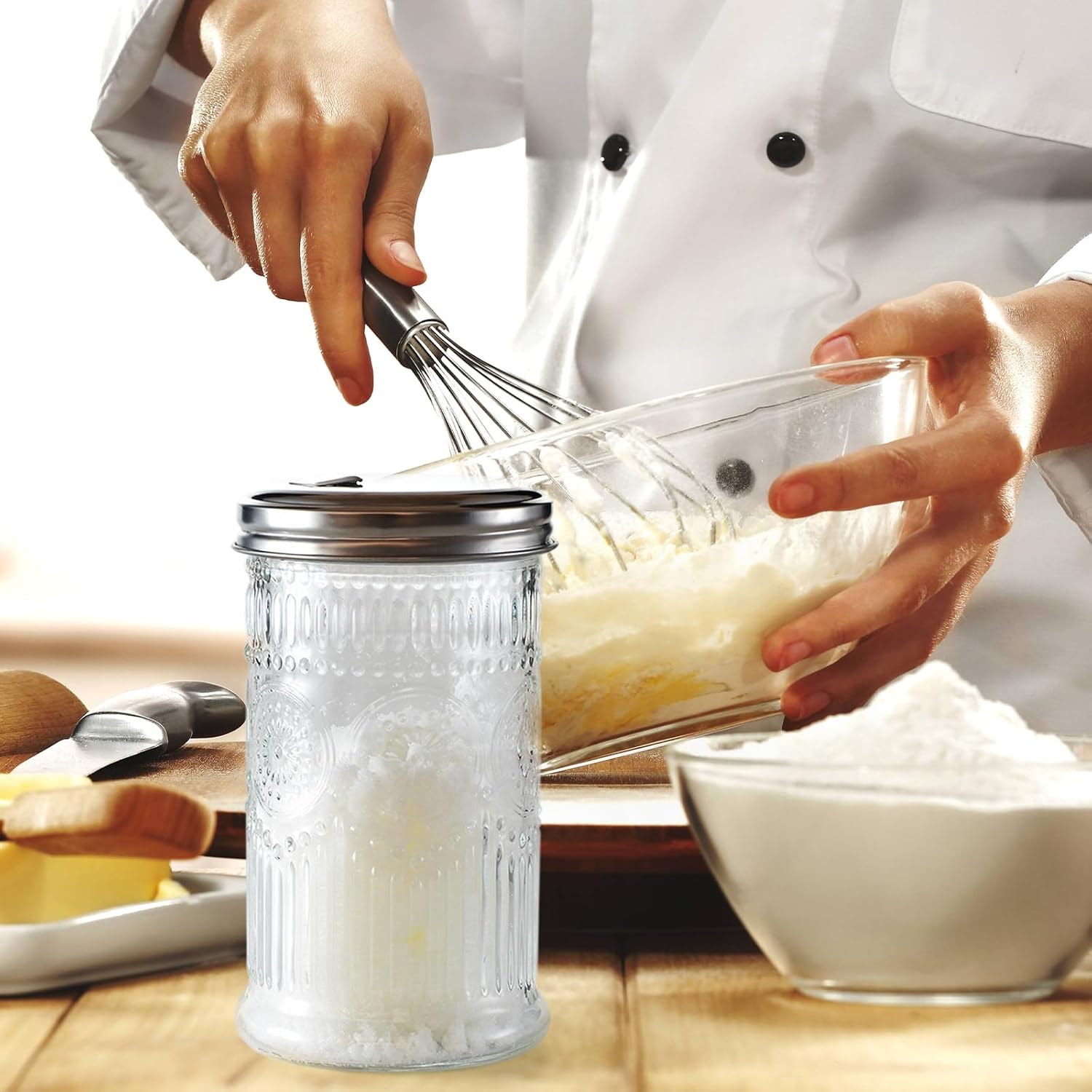 Glass Sugar Shaker Dispenser 12oz, Stainless Steel Flip Top Lid for Easy Pouring, Sugar Pourer for Sugar, Powdered Sugar, Parmesan, Cinnamon, & Spices (Sunflower)