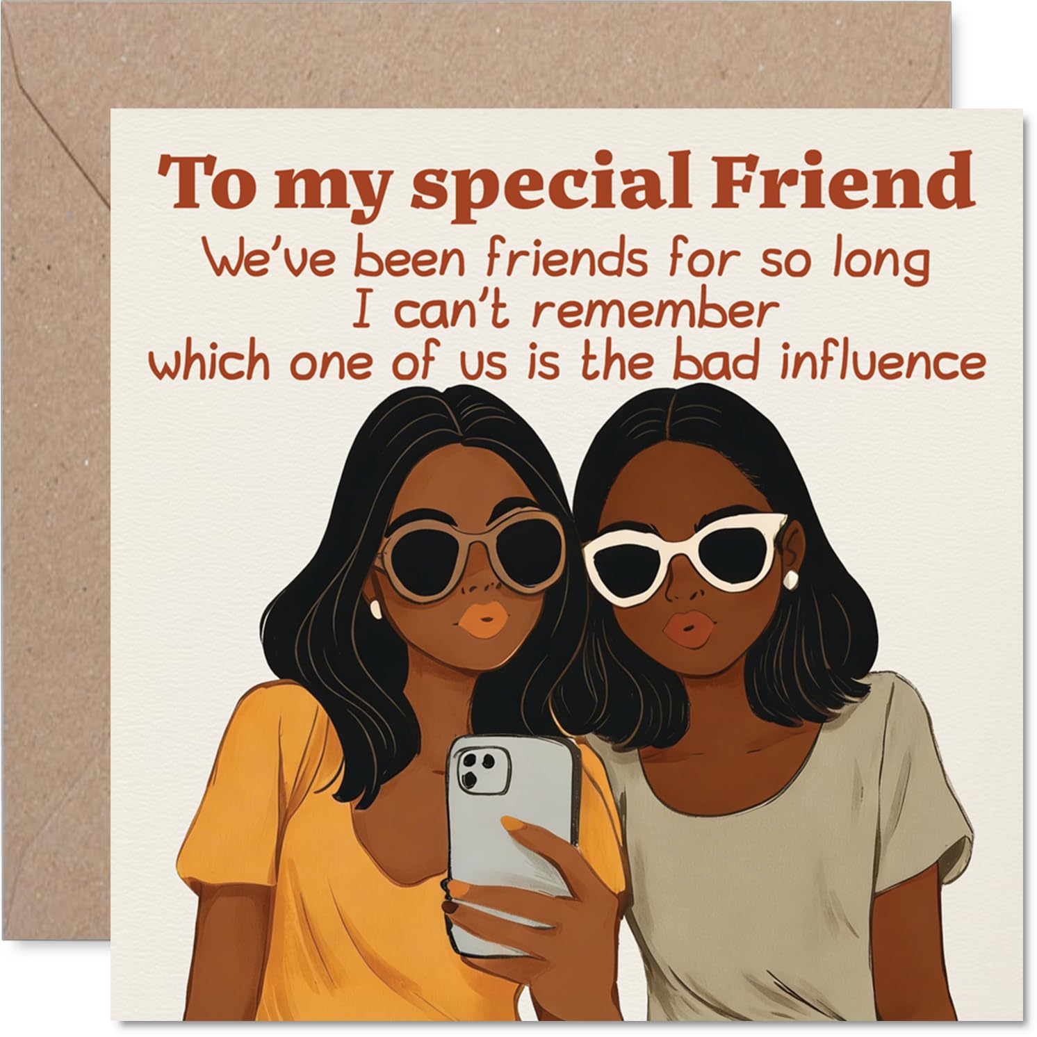 Playful Birthday Card - Who's the Bad Influence? - Selfie-taking Friends with a Cheeky Quote - Perfect for a Laugh Together - 145mm Square, Envelope Included