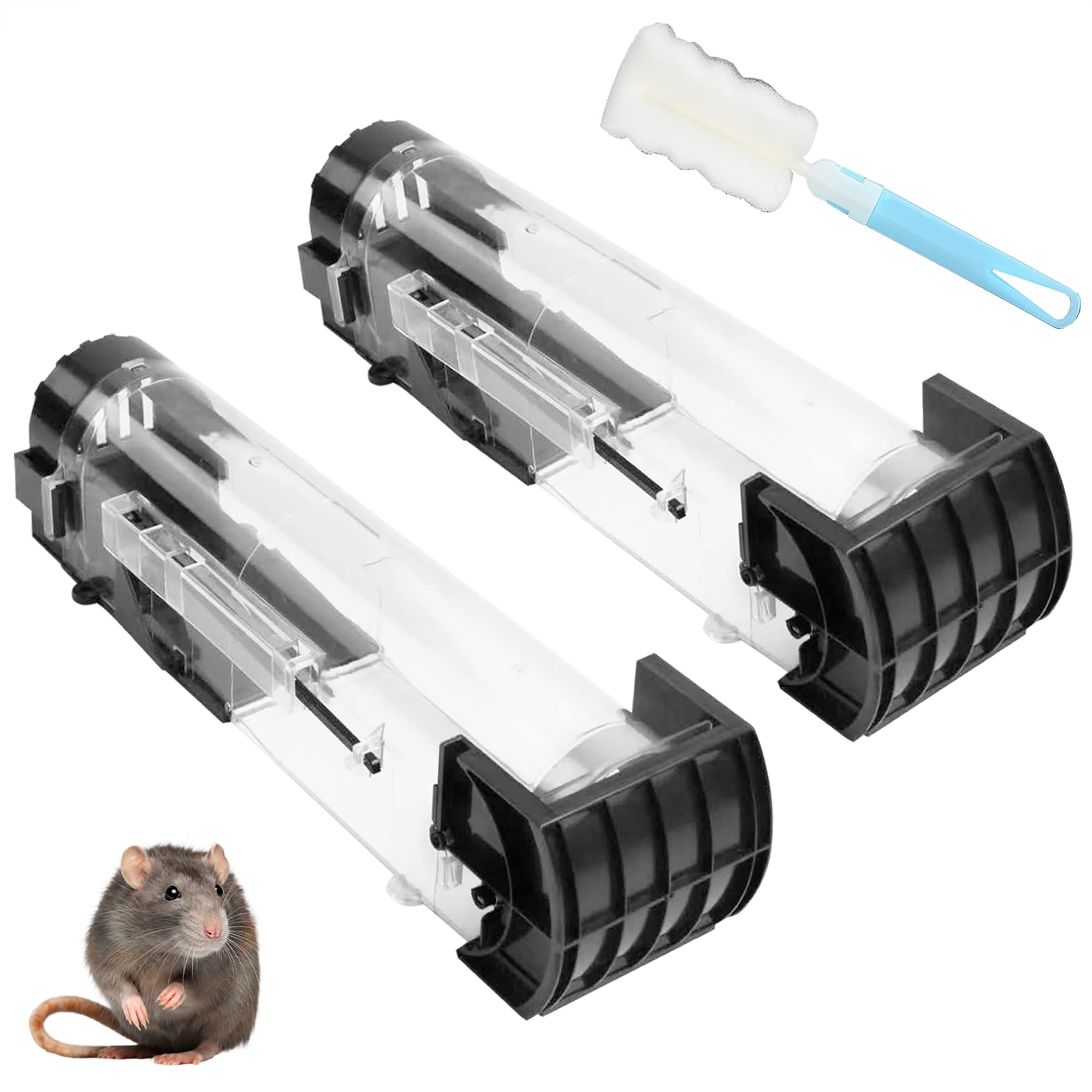 wintfarm 2 Pack Mouse Traps for Indoors,Rat Traps,Humane Mouse Traps with cleaning brush, Rodent Trap High Sensitive No Kill, Mousetrap Poison Substitute Friendly for Kids & Pet (Black)