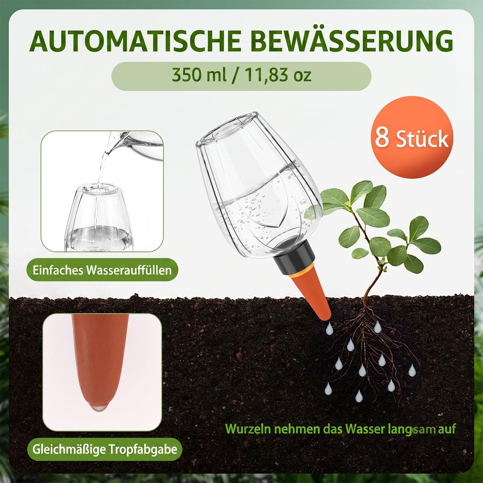 Lot de 4/8 boules d'irrigation automatique pour plantes, 350 ml, système d'irrigation des plantes, auto-arrosage pour l'intérieur, le balcon et l'extérieur (8 pièces, transparent)