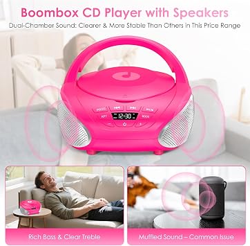 Gueray Portable CD Player Boombox Compact CD Boombox with Stereo Speakers FM Radio 3.5mm AUX Input and Headphone Jack LCD Display for Indoors, Outdoors, Travel & Audiobooks(Pink+Silver)