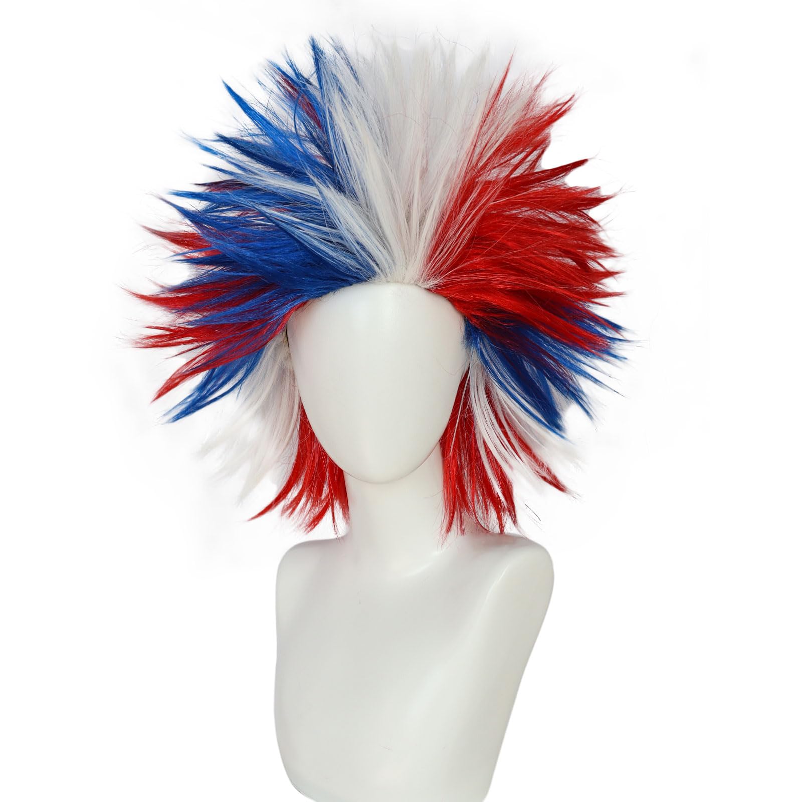 BECULINA Red White Blue Spiky Wigs +Hair Cap Synthetic Short Colorful Funny Crazy Wig for Celebrations Themed Party Football Sports Fan Wigs for Adults Men Women Halloween Costume Cosplay Outfit - Image 2