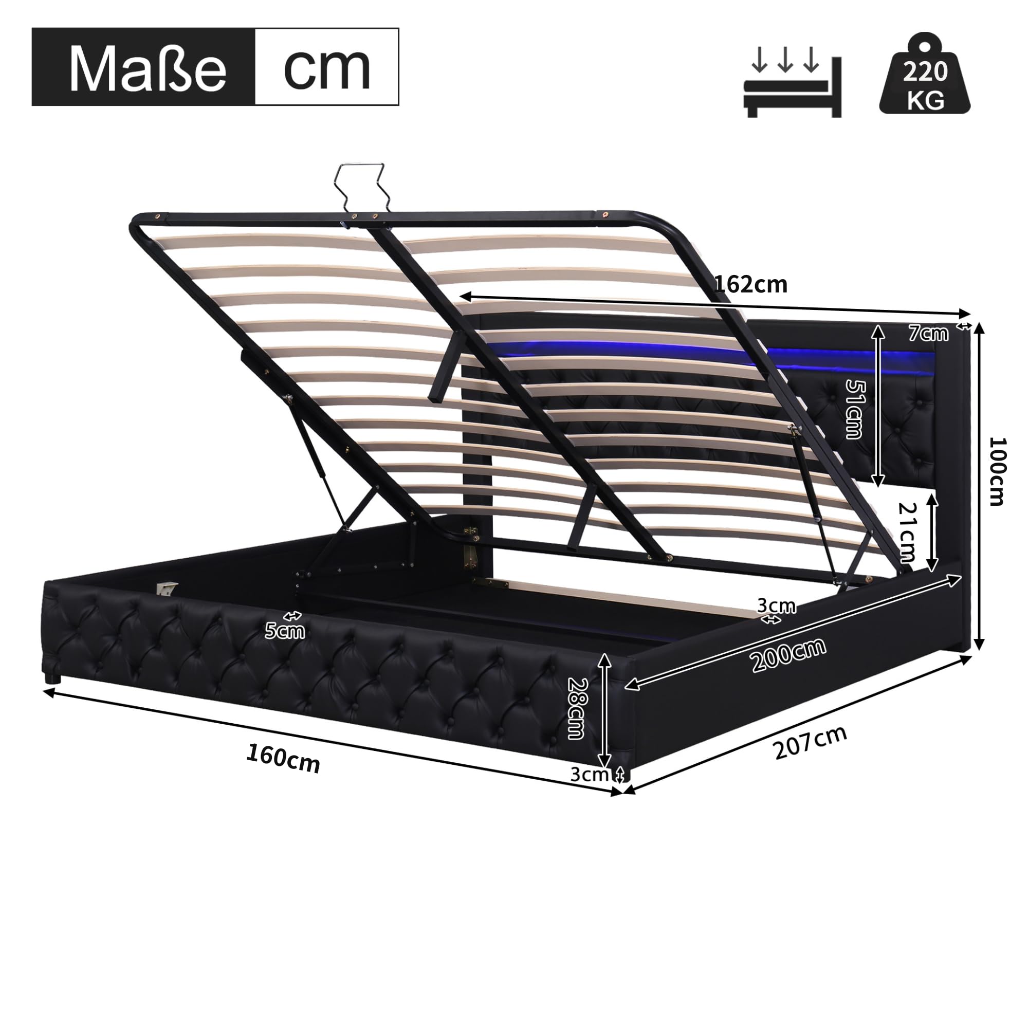 Rtopsu Letto Imbottito Letto Matrimoniale 160x200 cm con Testata a LED, Letti con Contenitore, Struttura Letti con Struttura Metallica Idraulica e Doghe in Legno, PU, Nero, Senza Materasso