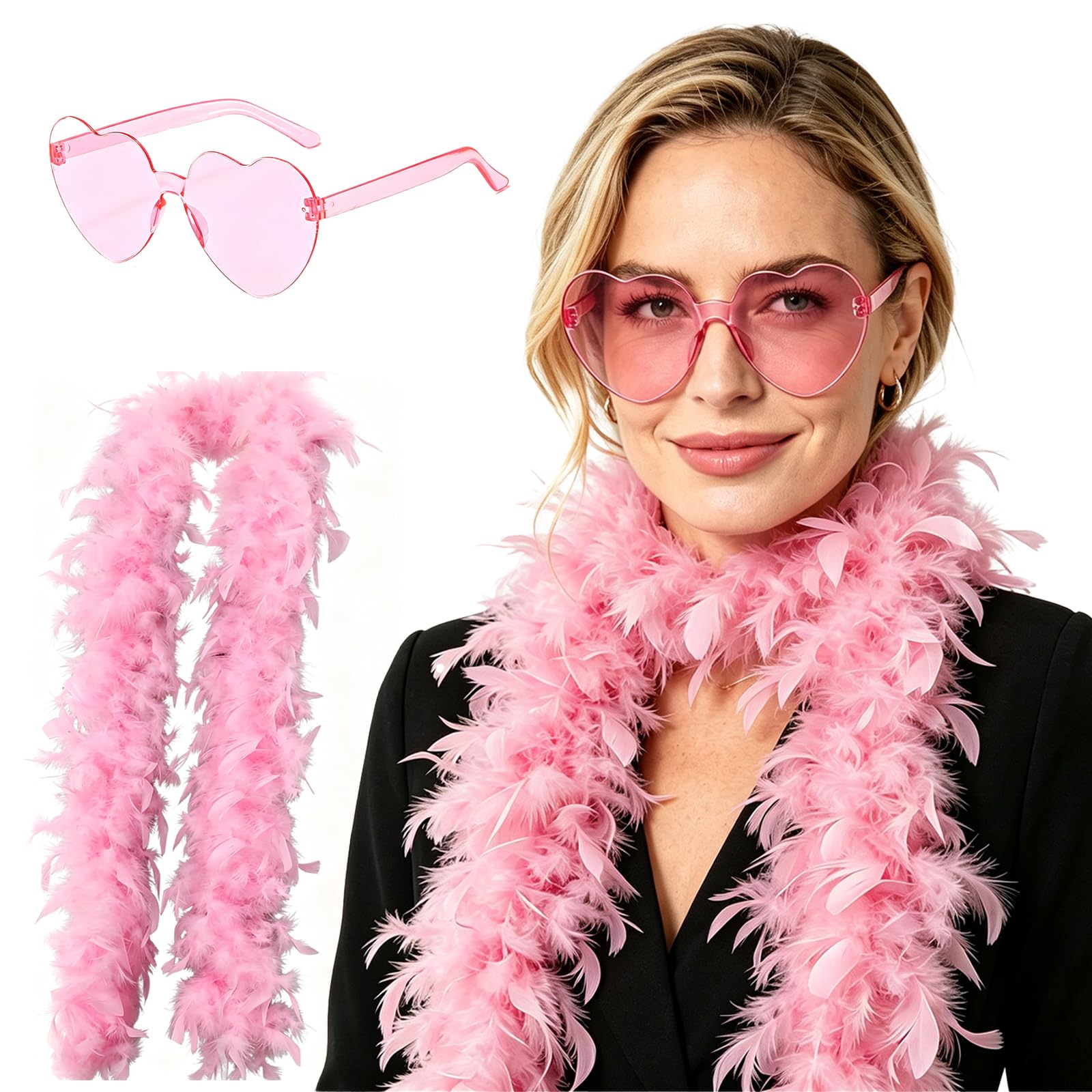 Moxychrony 2Pcs Pink Boa & Heart Sunglasses, Burlesque Accessories Set
