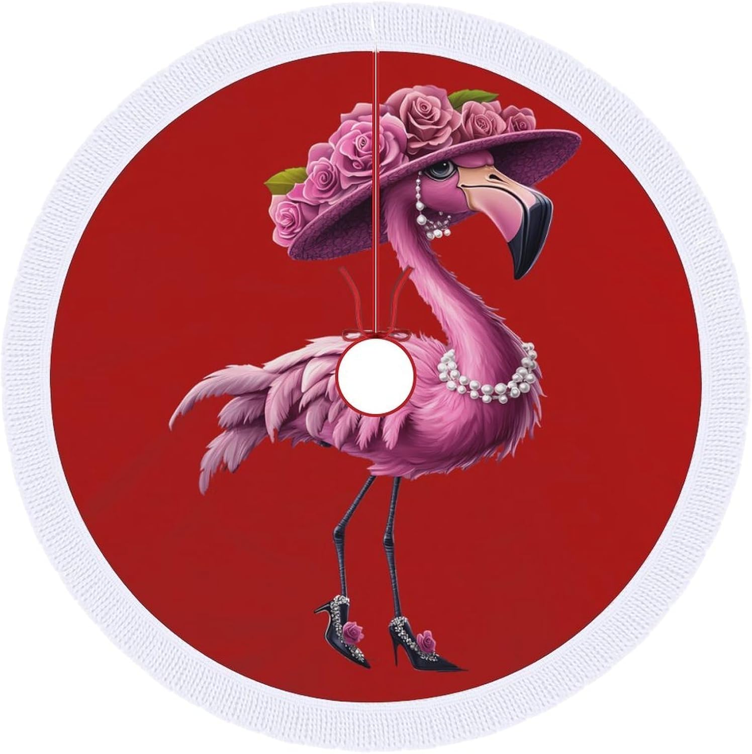 Beautiful Flamigos Lady Christmas Tree Skirt Round Xmas Tree Mat Ornaments Tree Skirts with Tassels for Holiday Party