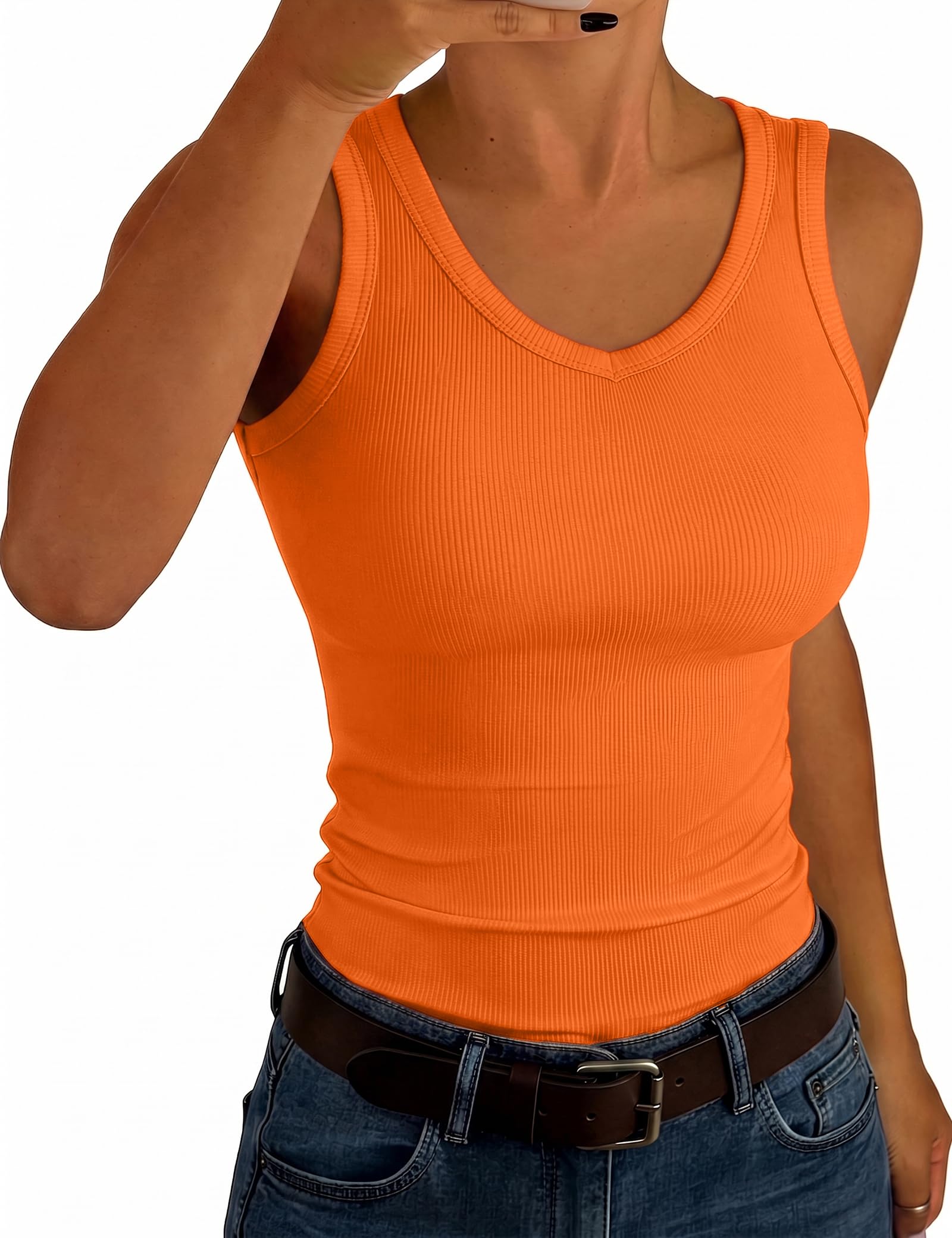 Aottori Tank Top Damen V-Ausschnitt Sommer Oberteile Ärmellos Gerippt Slim Fit Tanktops Sexy Stretch Basic Unterhemd Casual Einfarbig