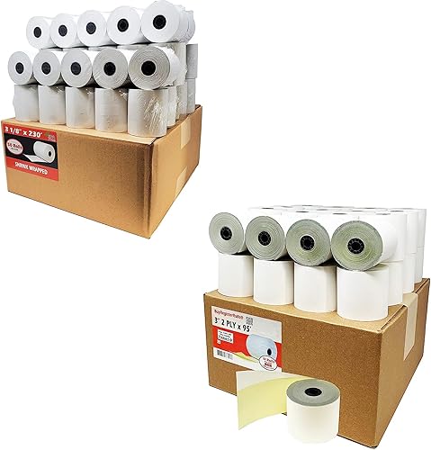 (50 rollos) de 3 18 x 230 pulgadas 3 18 pulgadas x 230 pulgadas + 2 capas de rollos autocopiativos (32 rollos) de 3 pulgadas x 95 pies, papel de