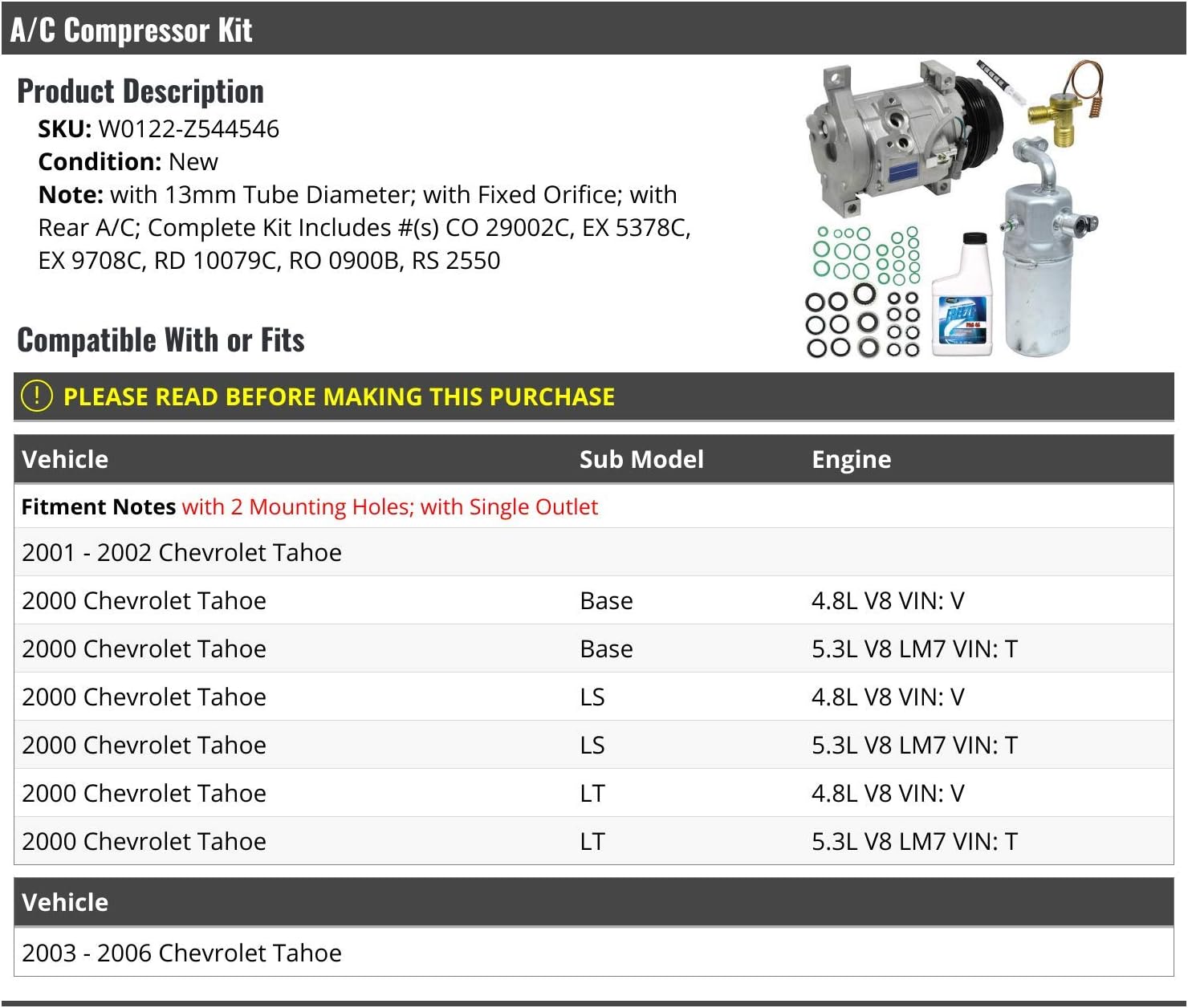 A/C Compressor Kit with Fixed Orifice - Compatible with 2000-2006 Chevy Tahoe (with Rear AC)