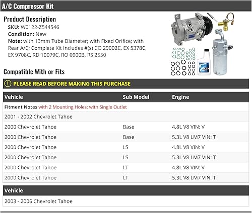 Miniatura 2 de Kit de compresor de AC con orificio fijo, compatible con Chevy Tahoe 2000-2006 (con CA trasera)