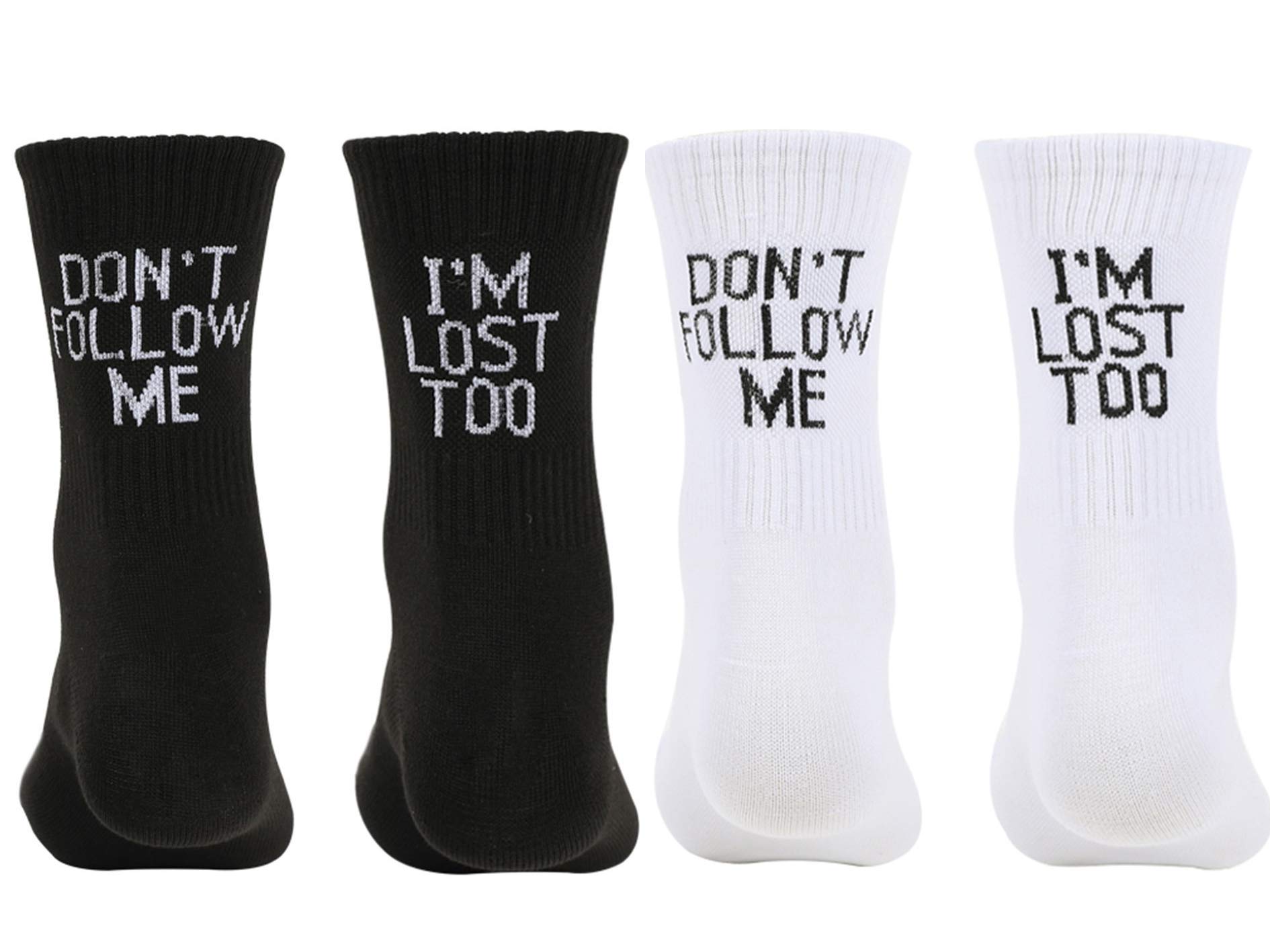 Maijia Unisex Black 4Pairs Funny Letters Socks, Don't Follow Me I'm Lost Too Novelty Funny Letters Printing Casual Socks Cotton Socks For Women Men Girls Boys