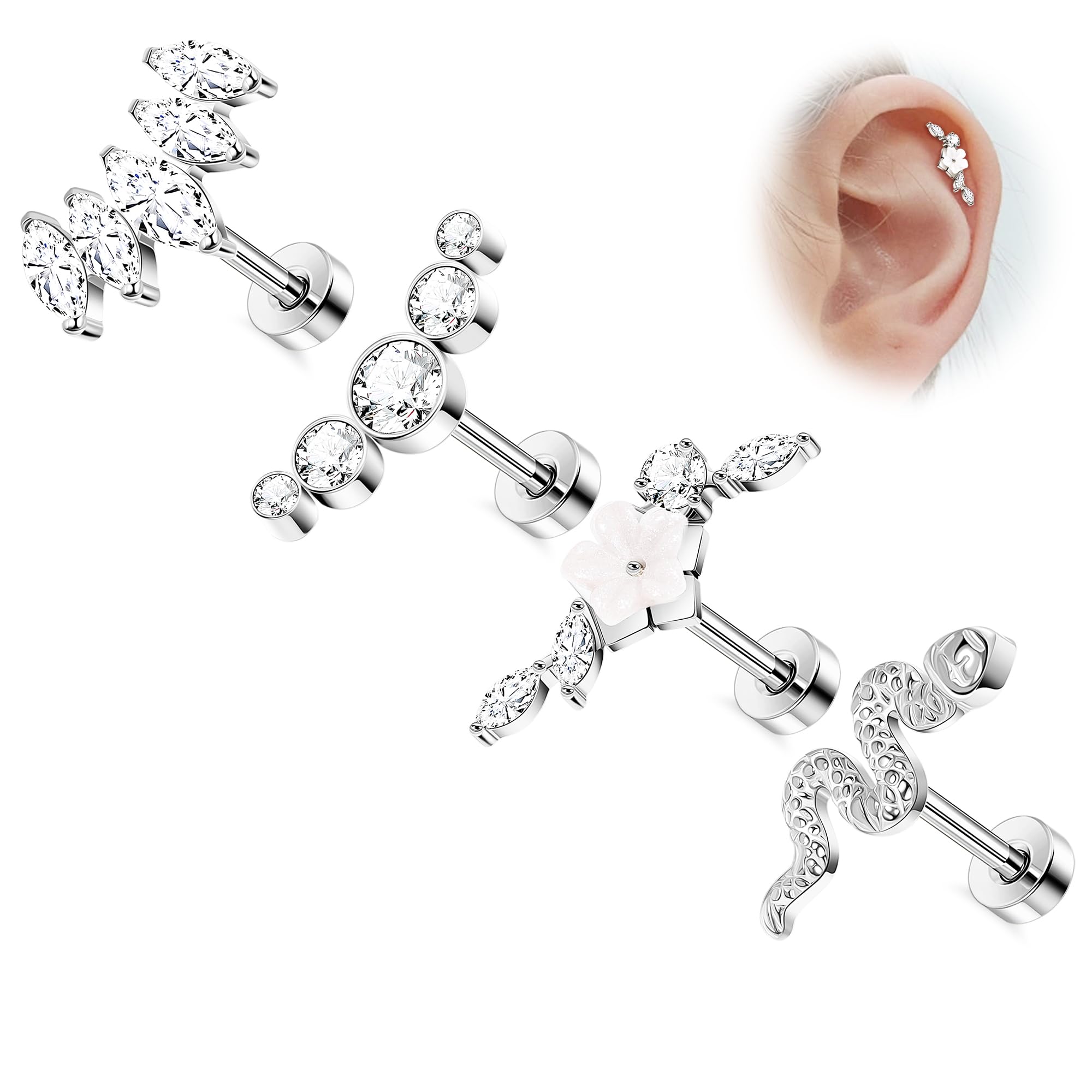 LOAYHOAY 4Pcs 16G G23 Titanium Cartilage Earrings for Women Pure Titanium Flat Back Helix Stud Earrings for Sensitive Ear Flower Snake Cartilage Helix Earring Studs Conch Piercing Jewelry 6MM