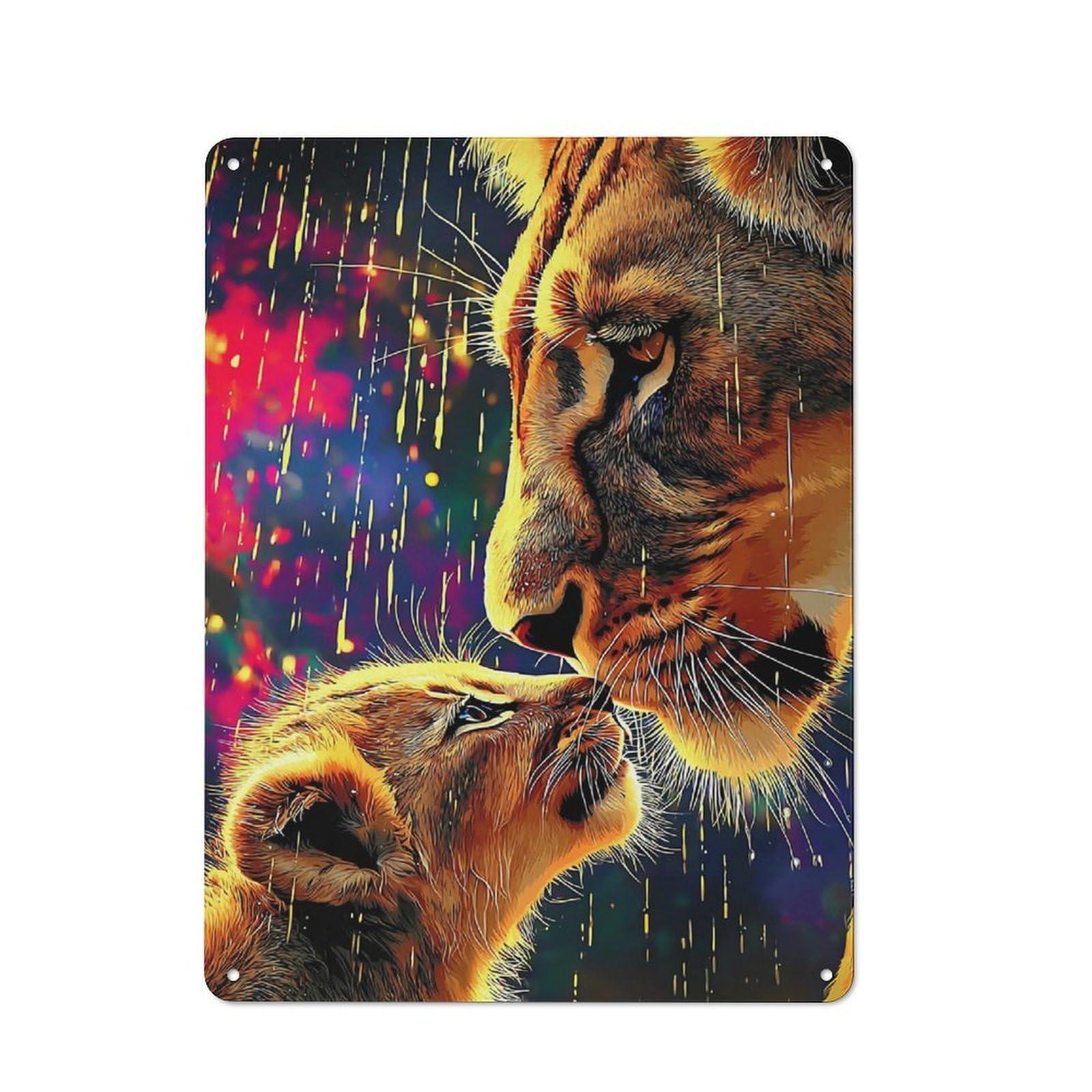 Junmoney Lioness And Cub In Rain 40X30cm Rustic Tin Sign With For Dining Room Or Kitchen, A Decorative Metal Sign For Kitchens And Dining Spaces