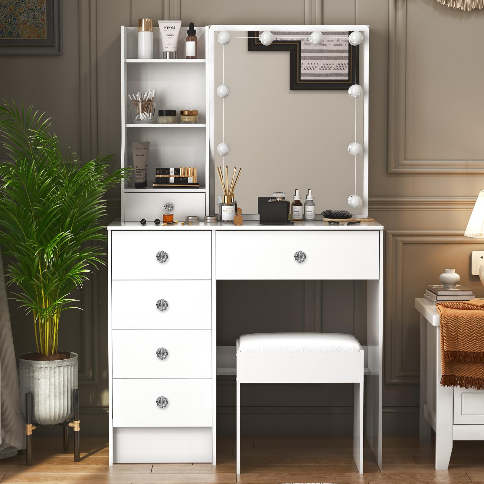Toeletta Trucco con Specchio e Sgabello, Postazione Make-up Robusta con Luci Dimmerabili e Guida Video, Scrivania da Trucco con 6 Cassetti e 6 Ripiani, Bianco, 36×80×131 cm, H3971 | 6 cassetti, 6 ripiani, illuminazione LED regolabile, ampio spazio conteni