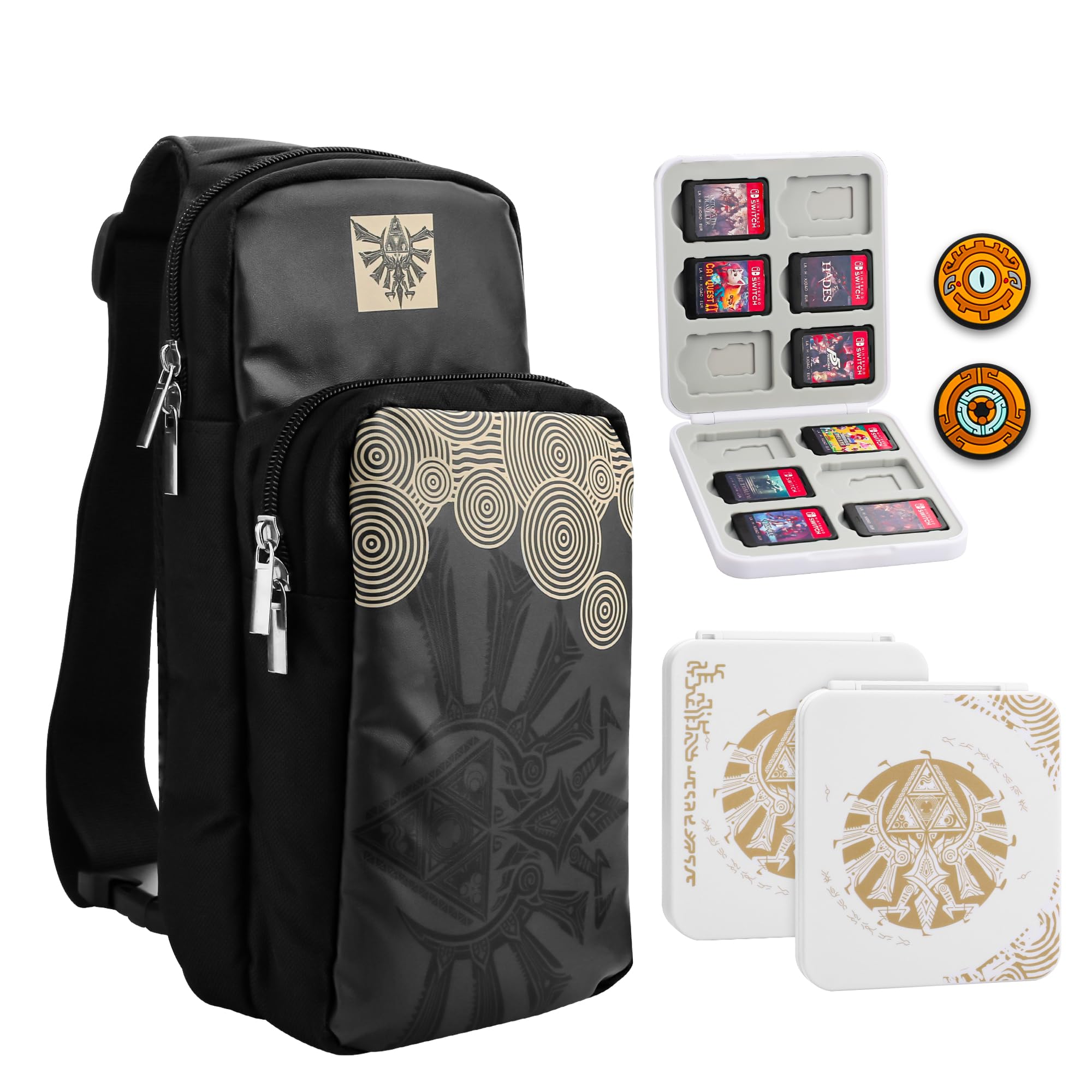 RHOTALL Black Travel Bag for Nintendo Switch/Lite/OLED/2 ,Large Capacity Portable Carrying Case Compatible for Storage Backpack with12 Slots Game Case,Thumb Grip Caps-for Zelda Tears of the Kingdom