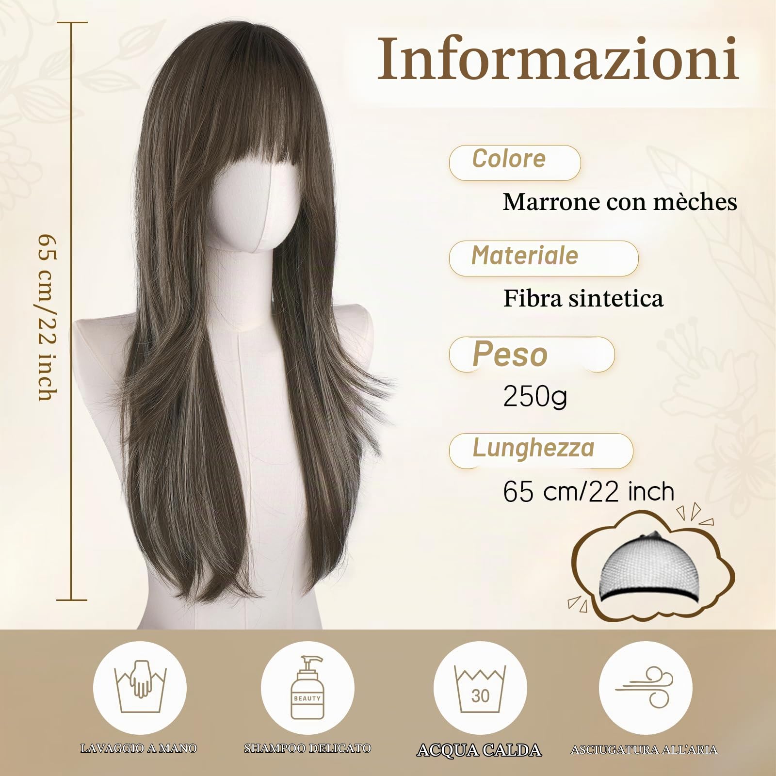 RUWISS Marrone con Riflessi Bordeaux Parrucca Lunga Layered Con Frange per Donna, 65cm Parrucche Naturale e Liscia Dritto Fibra Sintética Resistente per Cosplay/Halloween/Party