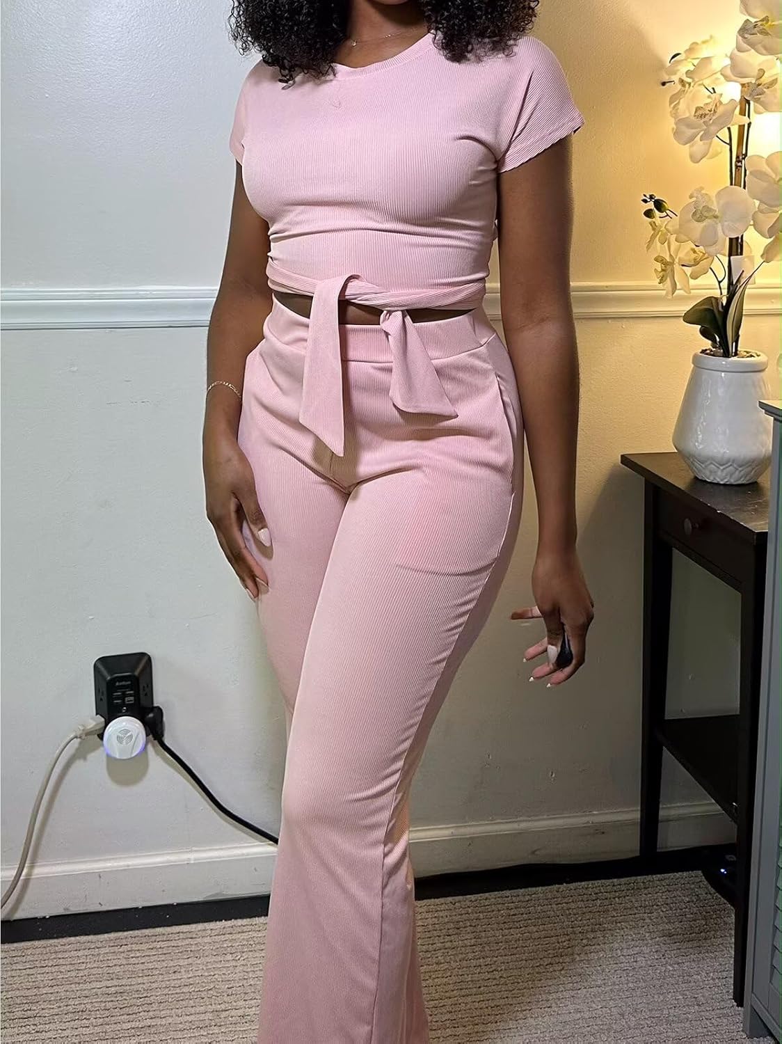 EDITCOZY Women 2 Piece Outfits Sexy Tie Front Crop Top Wide Leg Pants Sets Casual Summer Ribbed Two Piece Set - Image 3