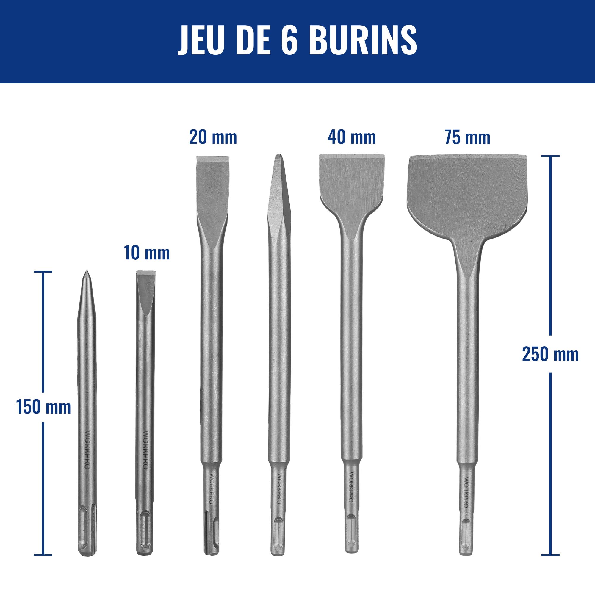 WORKPRO Jeu de 15 Forets et Burins SDS-Plus | Ensemble de Forets à Béton avec Burins Pointus et Plats pour Brique, Ciment, Pierre, Béton et Maçonnerie