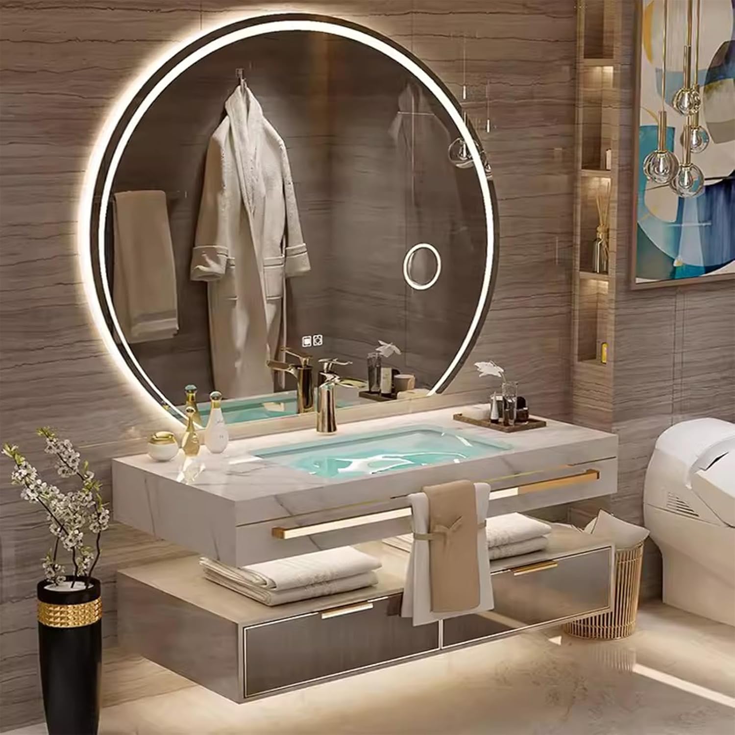 Floating Bathroom Vanity with Sink, Luxury Bathroom Vanity with LED Round Smart Defogger Mirror,Multilayer Solid Wood Spacious Storage Drawer Include Faucet and Drain Fittings,Single Sink(32")