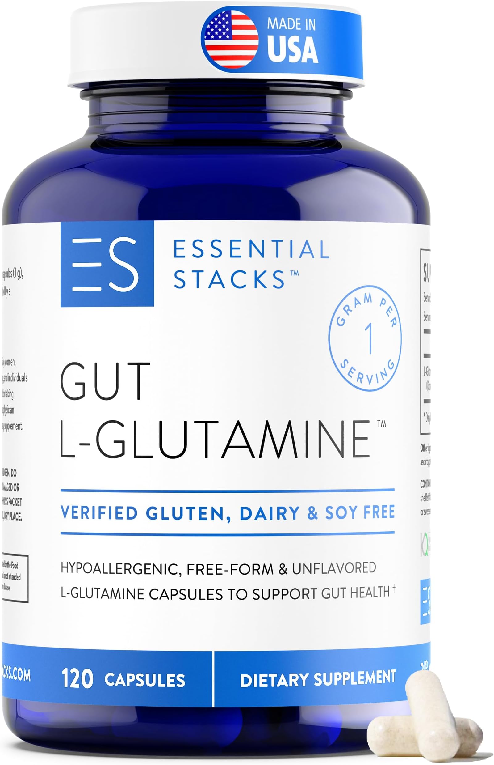 Essential Stacks Gut L-Glutamine Capsules 1000mg (Made in USA) - Gluten, Dairy & Soy Free, Non-GMO L Glutamine for Gut Health - 60 Serves (120 Caps)
