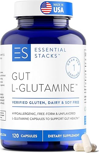 Essential Stacks Cápsulas de L-glutamina Gut de 1000 mg (hechas en Estados Unidos), sin gluten, lácteos y soja, glutamina L sin OMG para la salud
