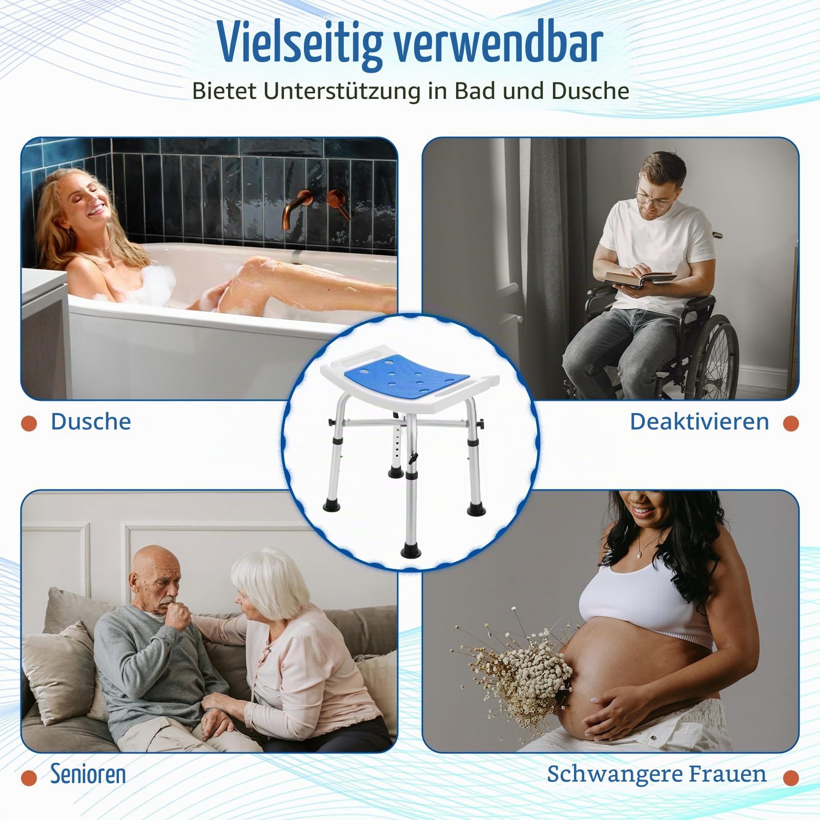 Duschhocker, Badestuhl, höhenverstellbar, mit Stabiler Querstange für Senioren, Erwachsene, Kinder, Rutschfester Duschsitz Duschstuhl für Innenduschen (ohne Duschkopf)