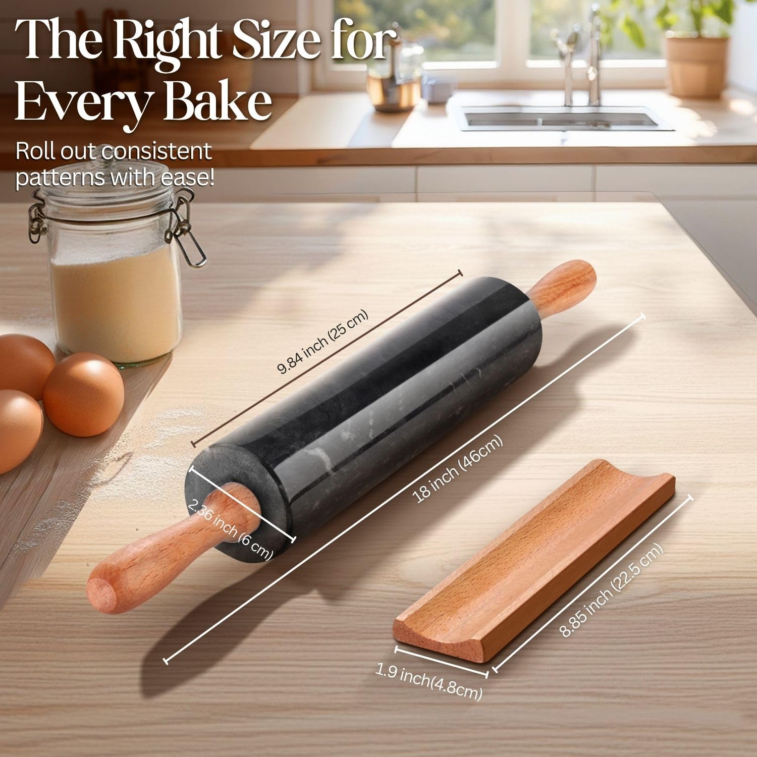 Mattarello In Marmo Nero Con Base In Legno | Antiaderente, 30 Cm, Per Pane, Pizza, Pasta Frolla E Biscotti